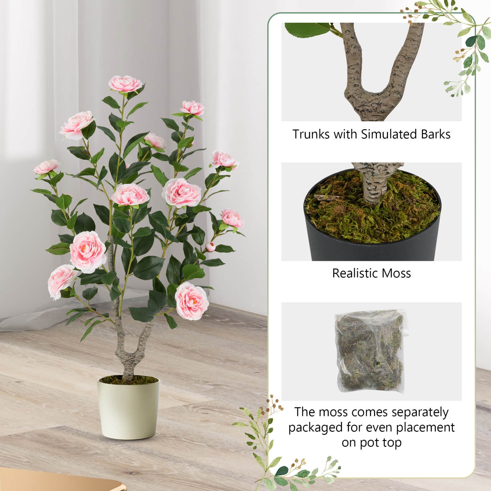 36″ Artificial Camellia Tree Fake Potted Tree Greenery Floral Plant Modern