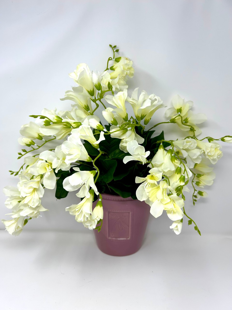 16″ Vintage HANGING Pink Dragonfly Ceramic WALL POCKET, Silk White Freesia flowe