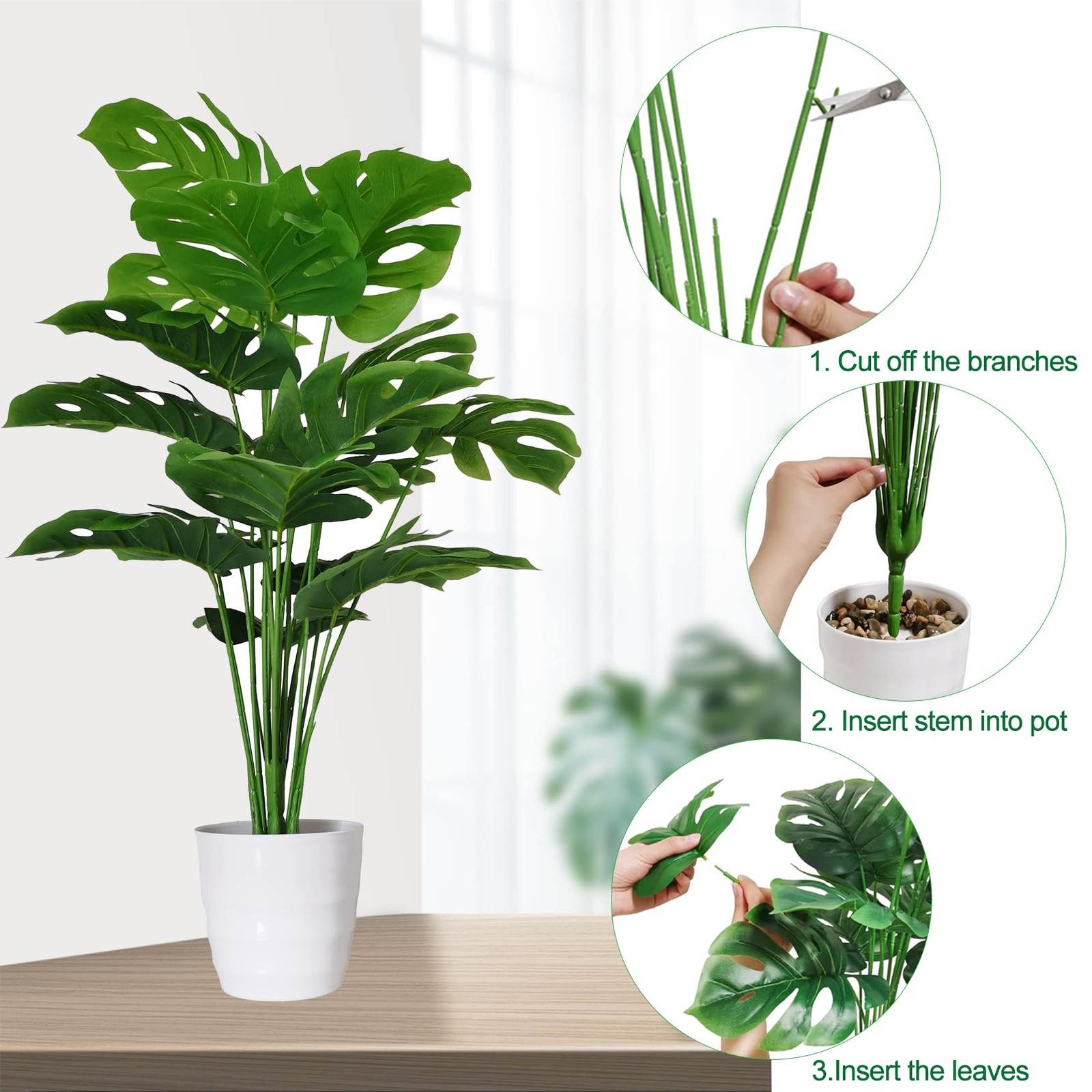 Set of 2 Artificial Monstera Deliciosa Plants in Pots, Fake Tropical Palm Tre…