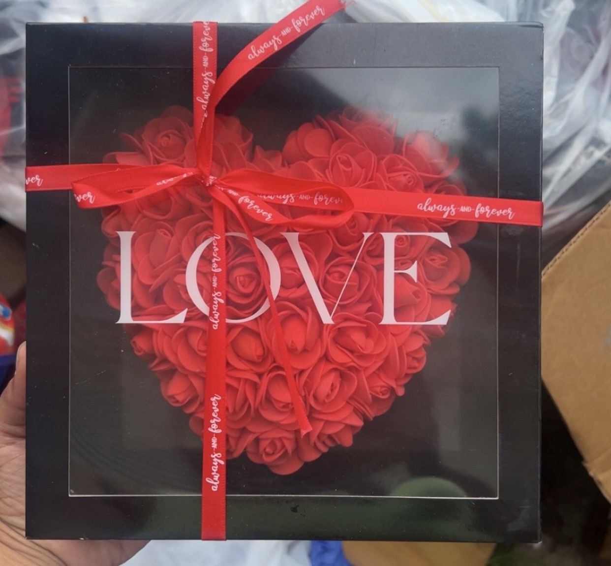 Artificial Red Rose Heart Flower Box Wall Decor, Black Box, Valentine’s