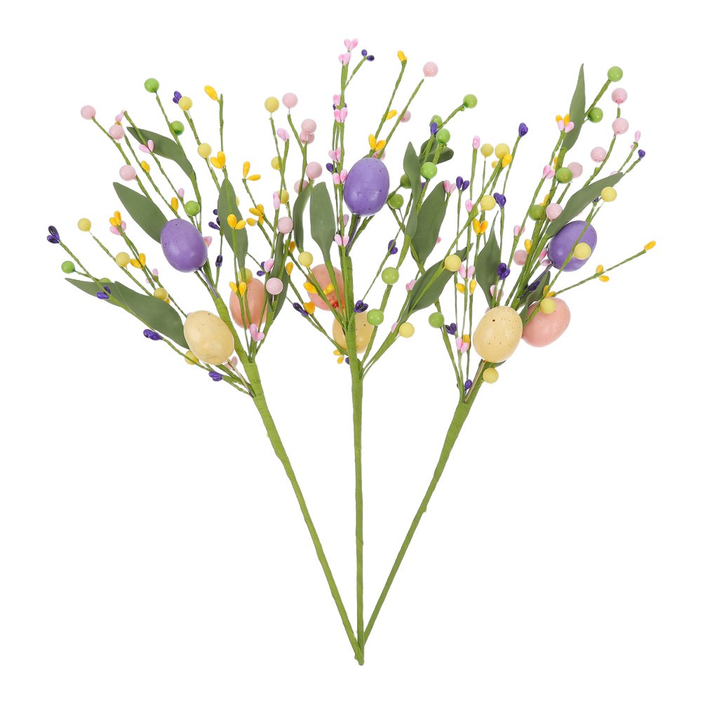 3Pcs Reusable Faux Floral Stems with Easter Egg Accents for Spring Party