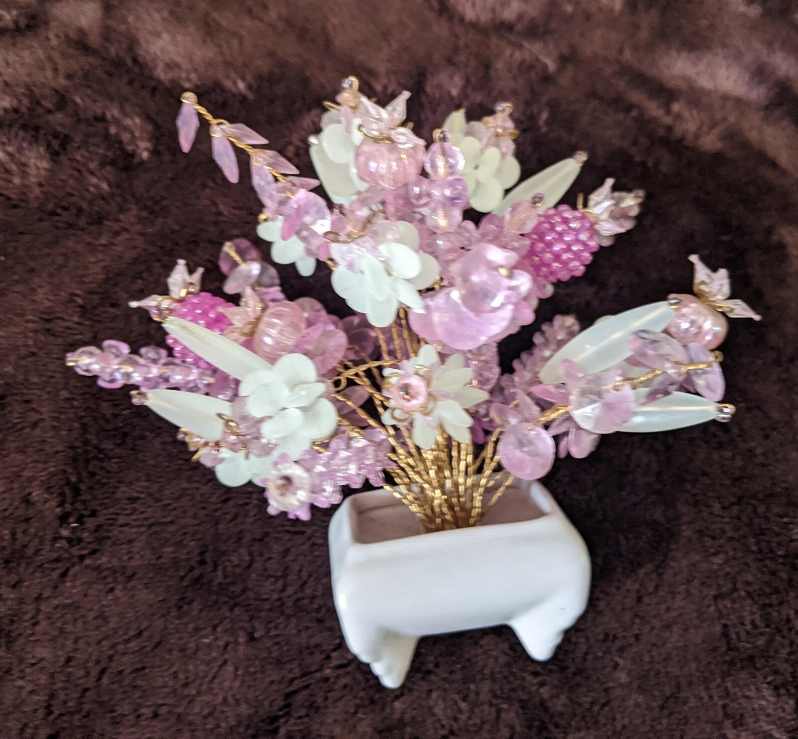 Vintage Plastic Beaded Floral Arrangement On Wire 5″ Tall