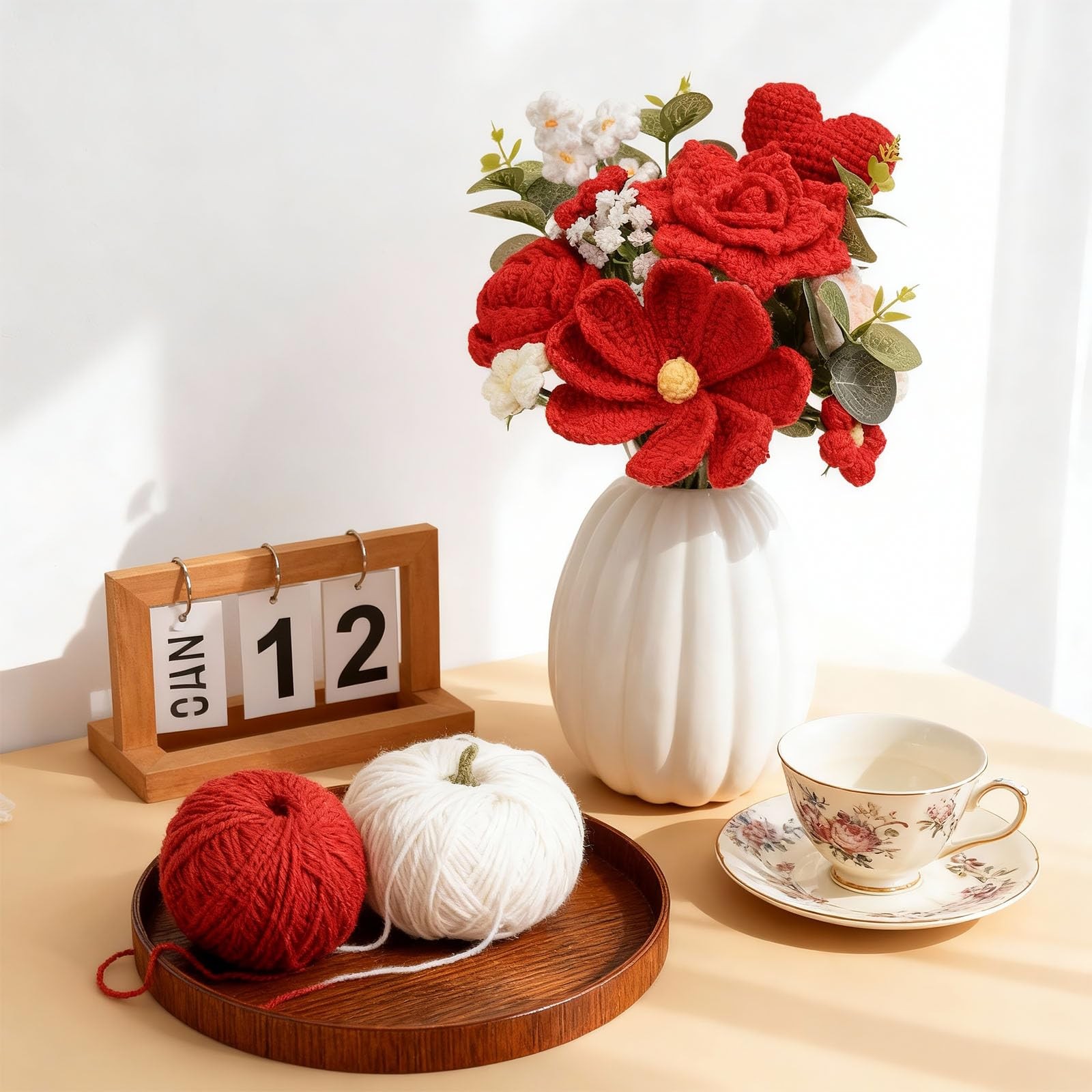 Handcrafted Black Red Knitted Crochet Tulip Galsang Flower Bouquet Fake Silk