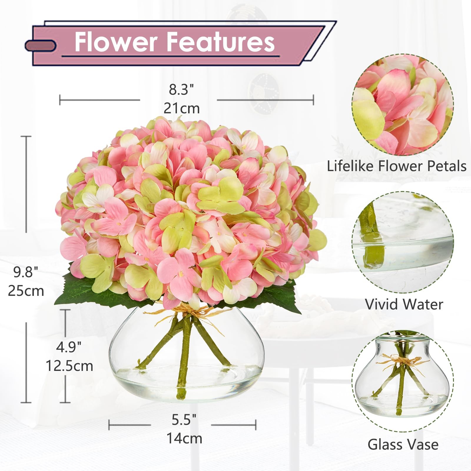 Hydrangea Artificial Flowers with Glass Vase Pink-Green Silk Faux Flowers Arr…