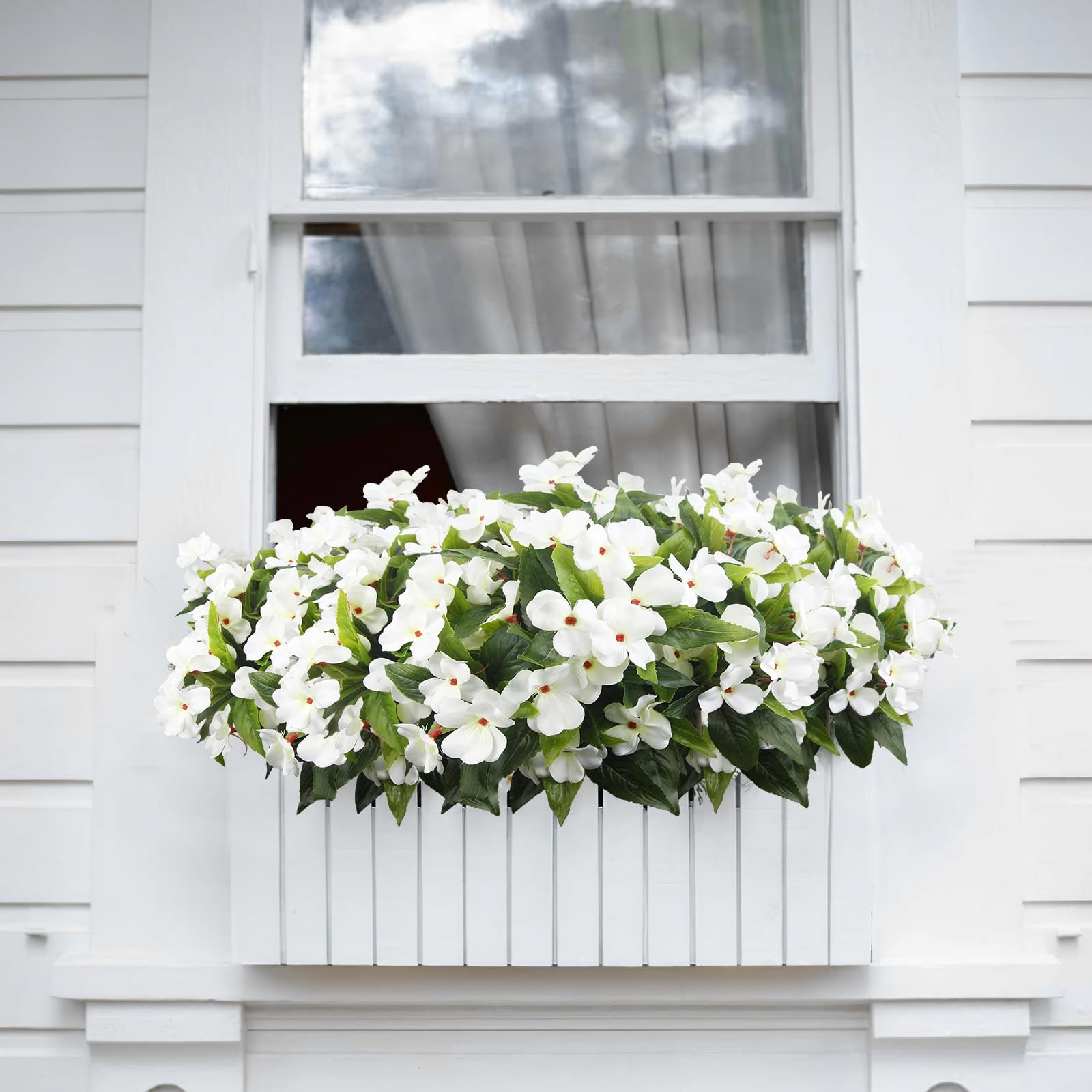 8 Pcs Artificial Impatiens Flowers for Outdoors Faux Impatiens Bushes White S…
