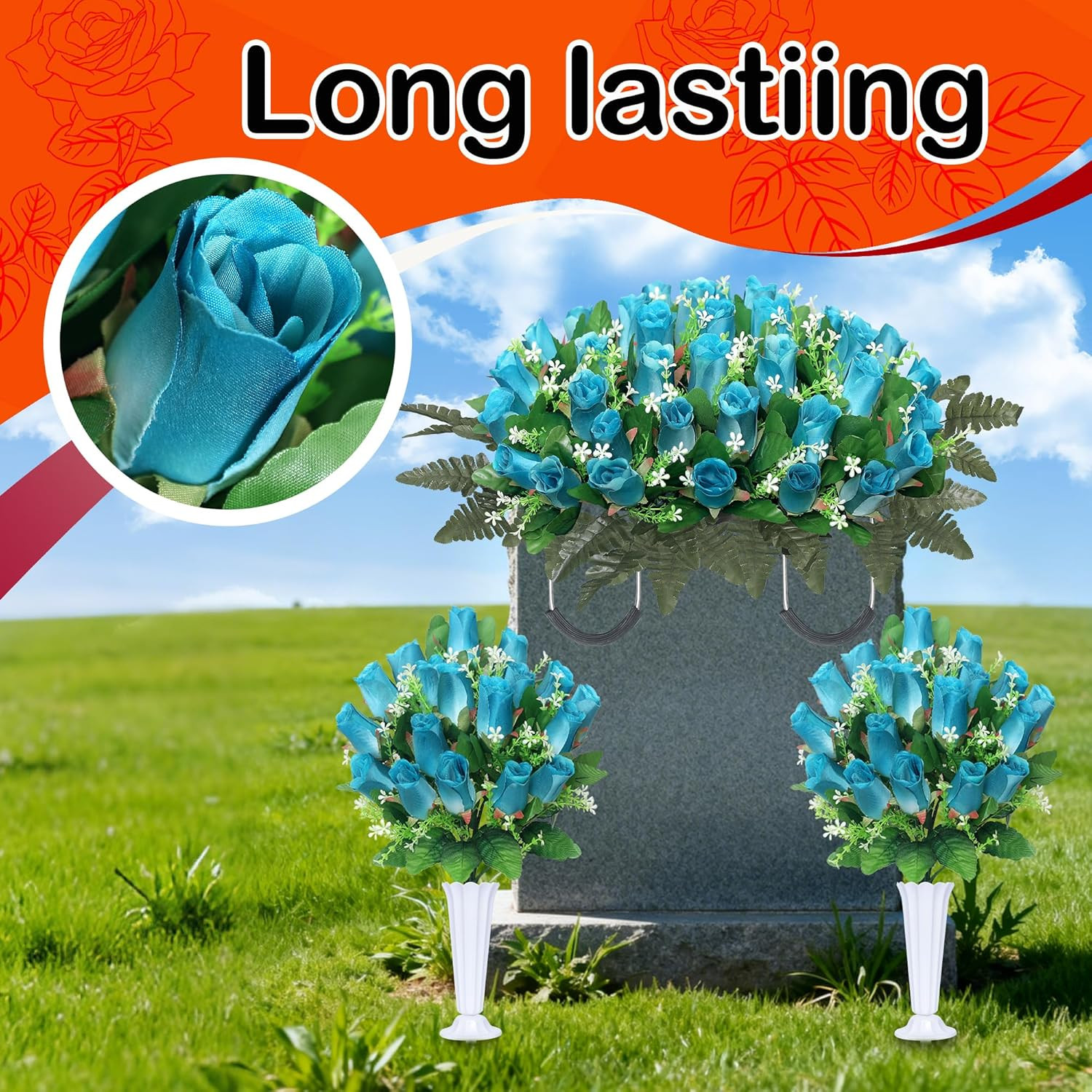 Deep Blue Artificial Cemetery Flowers – 3 Sets for Grave Decoration