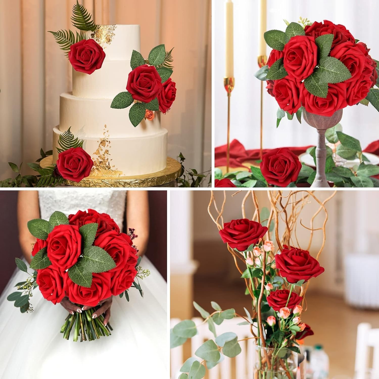 Artificial Flowers Dark Red Rose 25pcs Real Looking Fake Roses w/Stem for DIY…