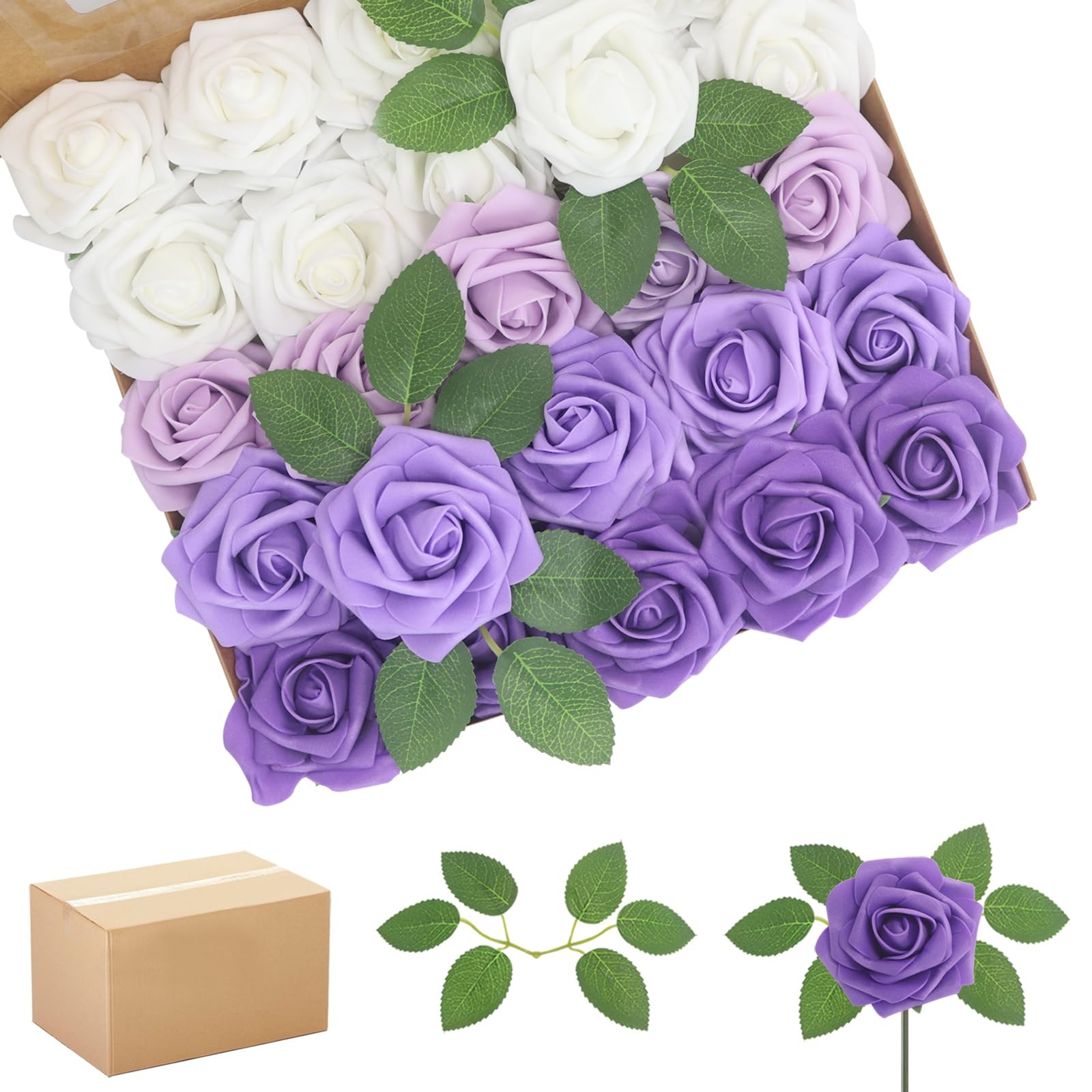 200PCS Artificial Flowers Purple Mixed Series Roses Real Looking Foam Fake Ro…