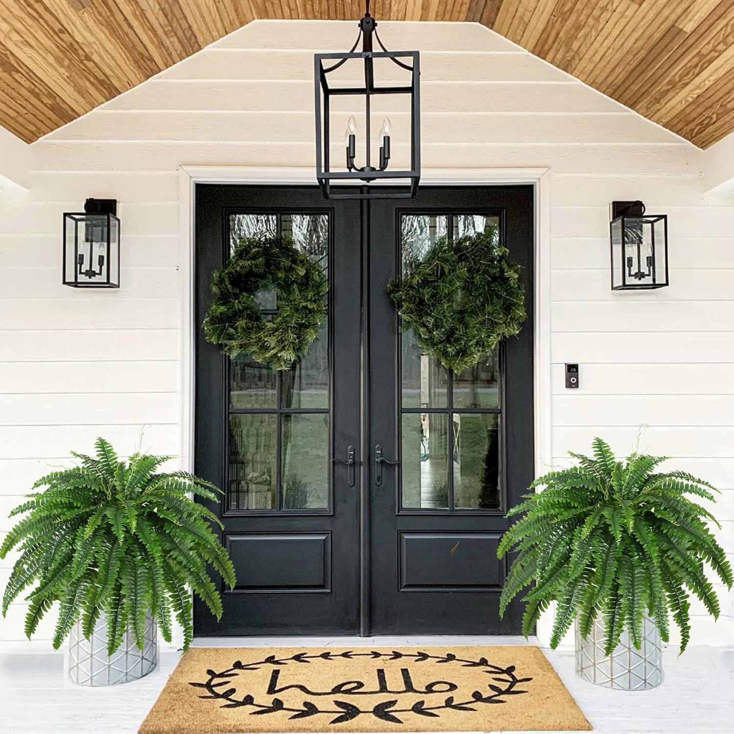 Artificial Boston Fern Bush- Set of 2 Large Artificial Ferns for Outdoors, 45Inc