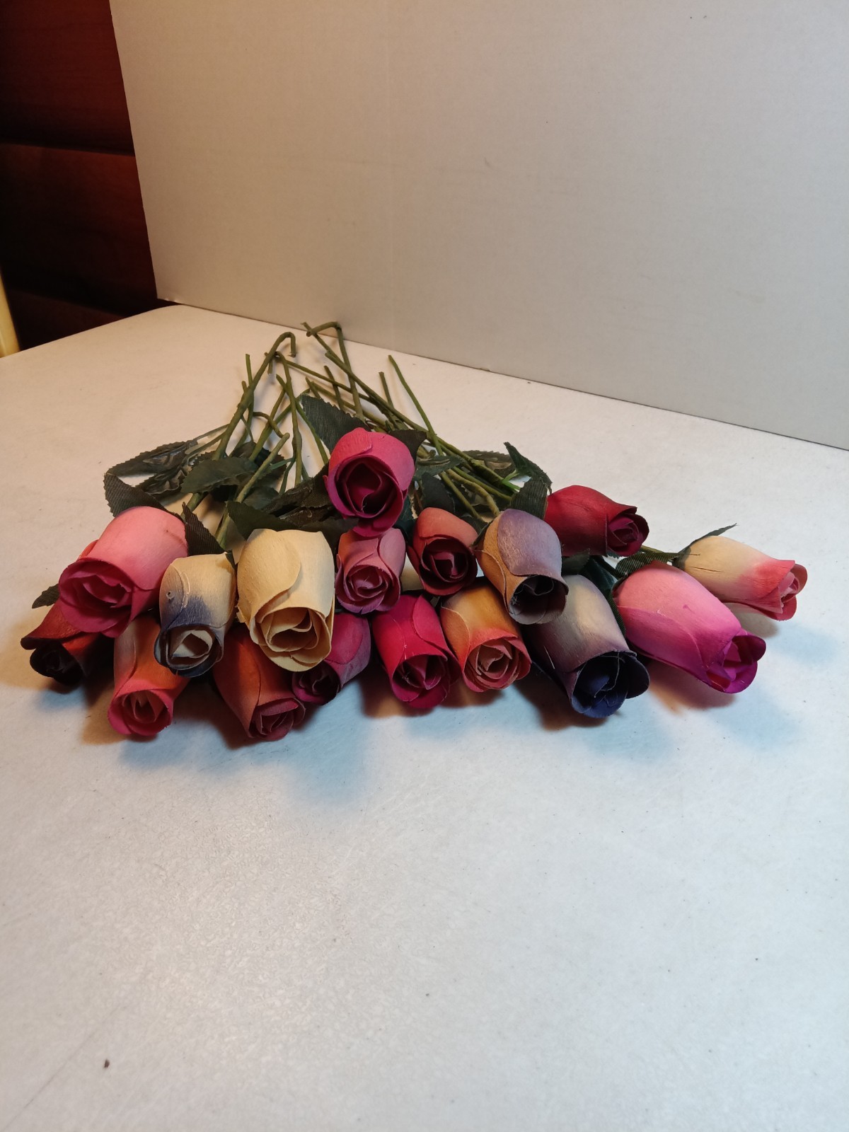 Bundle Of 17 Shaved Wood Rose Buds on stems, Assorted Colors