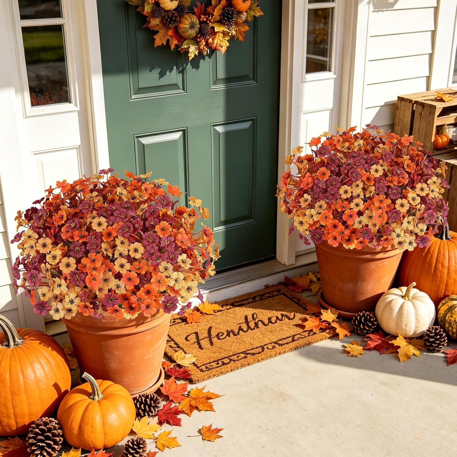 20 PCS Artificial Fall Flowers for Outdoors, Orange Fake Mums | Fall Decor, F…