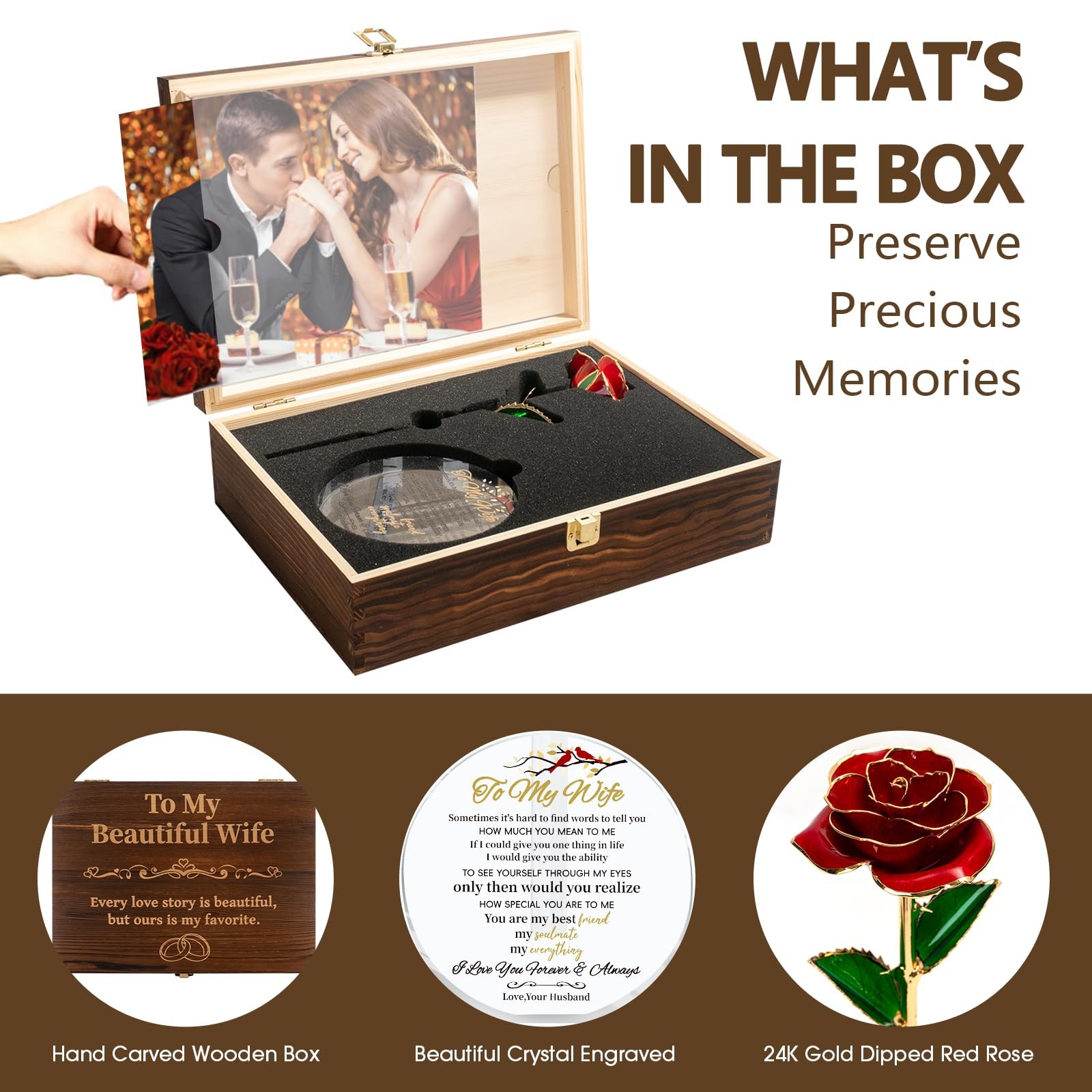 To My Beautiful Wife Women Engraved Wooden Gift Set Includes Crystal Base 24K…
