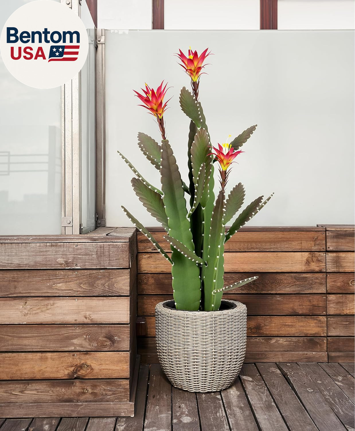 33 Inch Large Artificial Cactus with Magenta Flowers in Pot with Natural Gravel.