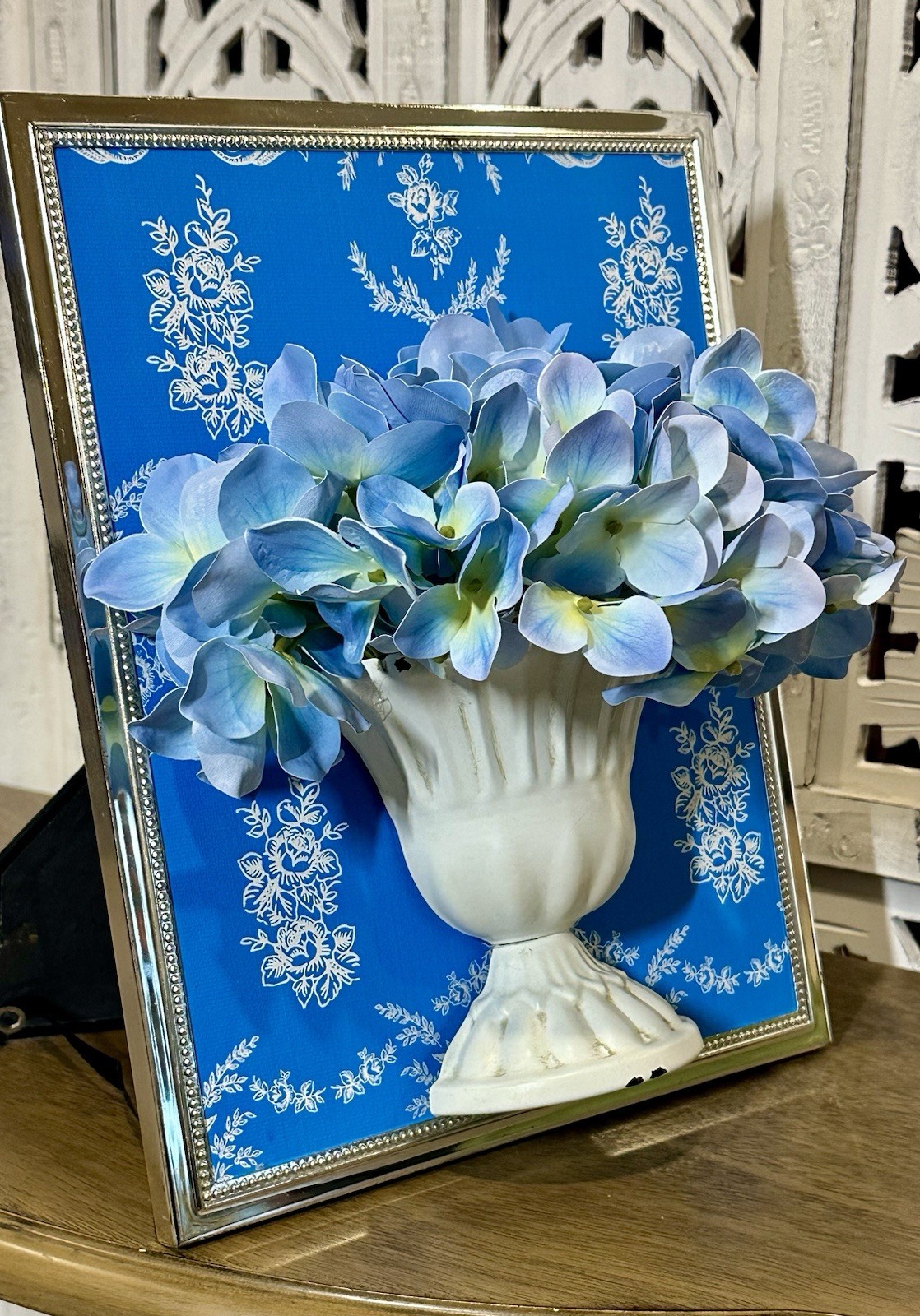 3D Artistry Handmade Blue Hydrangeas in Distressed Metal Urn Framed Florals