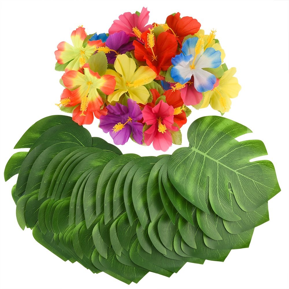 60 PCS Artificial Hibiscus Flowers Tropical Palm Leaves Luau Party Decor