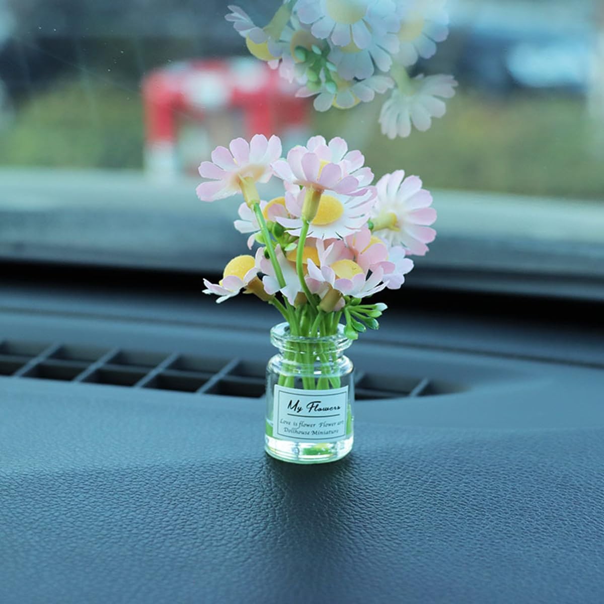 Set of 3 Mini Daisy Flowers in Glass Vase Cute Car Accessories for Rear View