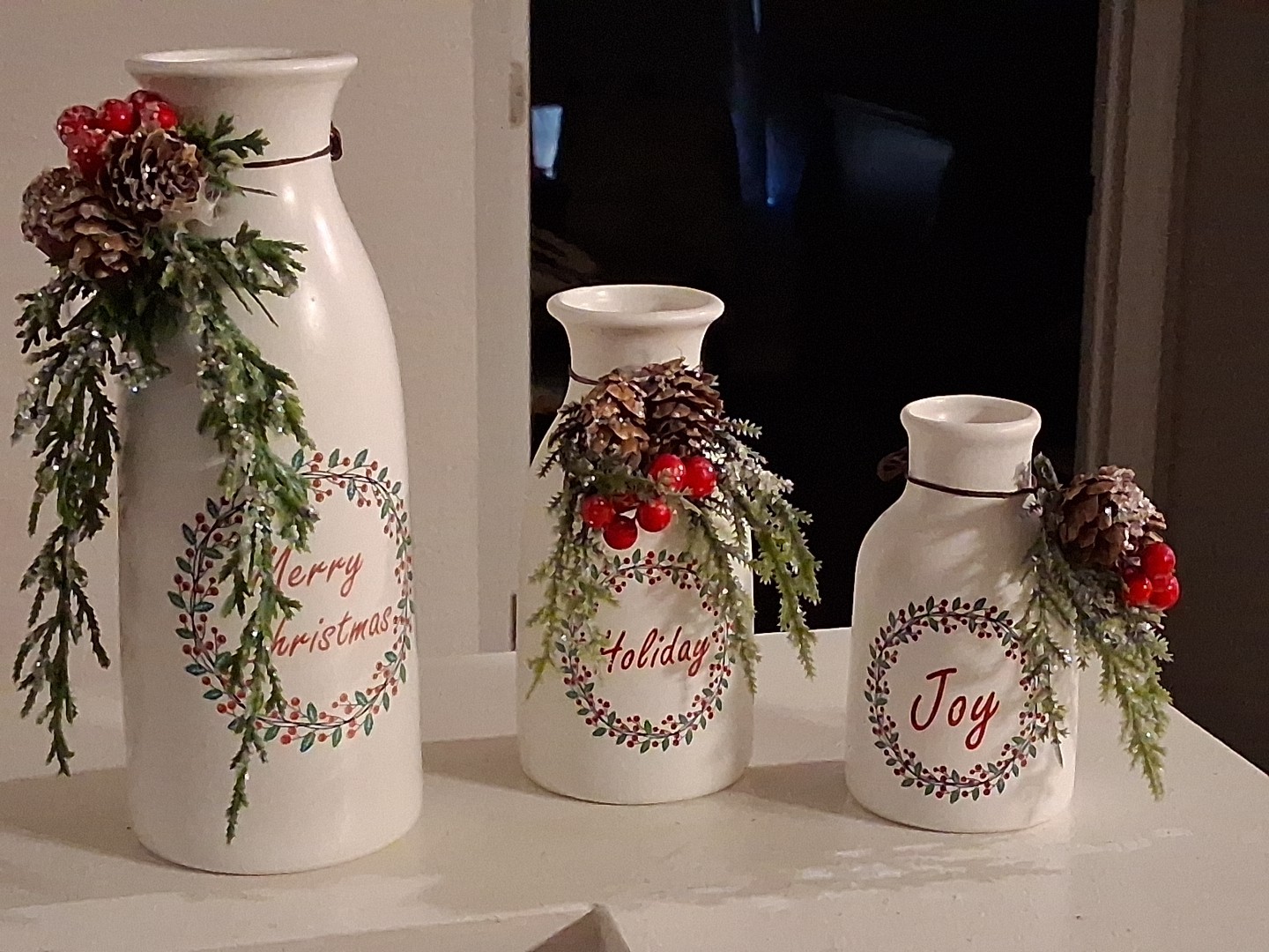 Christmas Vase 3-Piece Set Trimmed with Multi Holiday Trim White