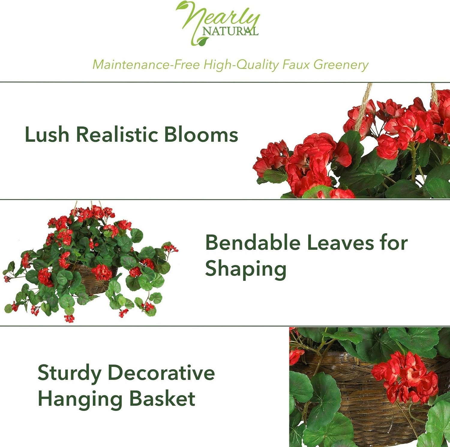 24In Artificial Geranium Hanging Basket Faux Floral Plant for Indoor Home Porch