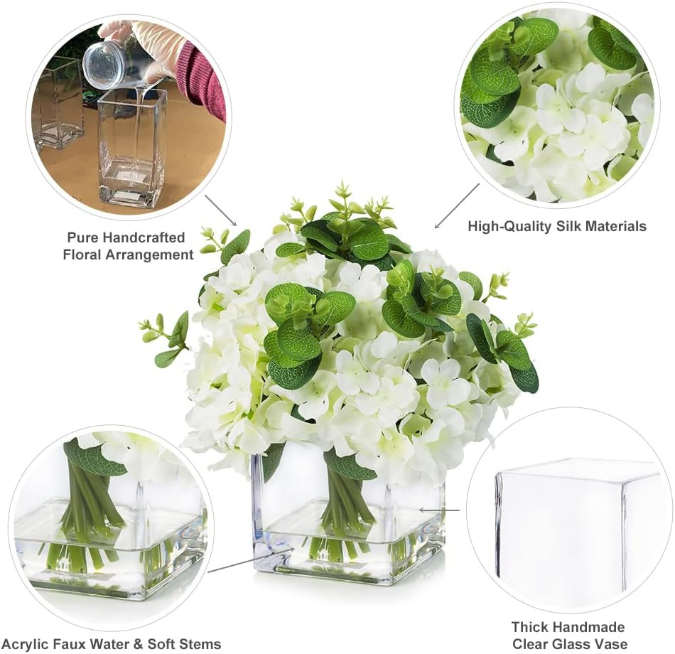 Elegant Silk Hydrangea Arrangement in Faux Water Vase for Home & Weddings