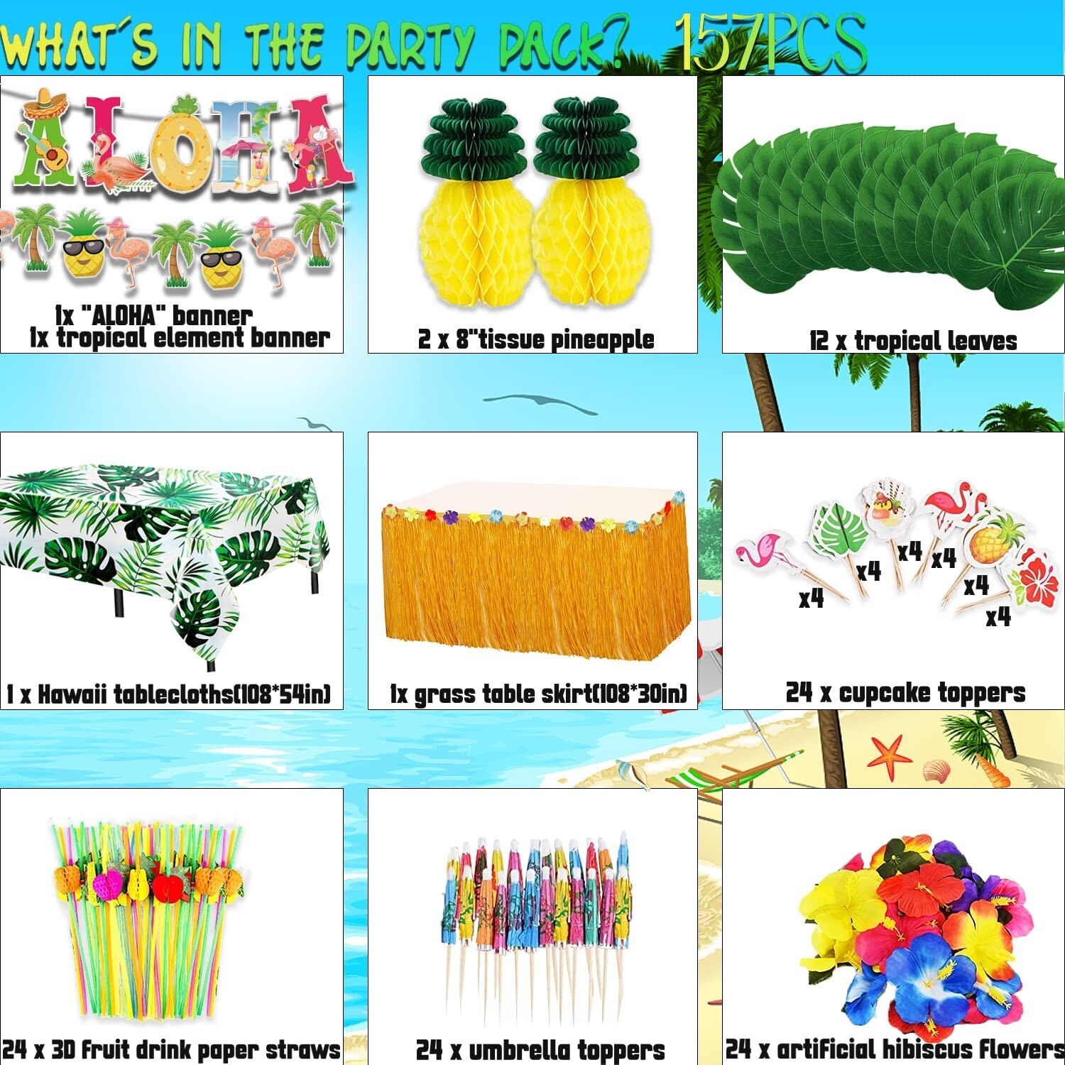 Hawaiian Luau Party Decorations 157Pcs NEW