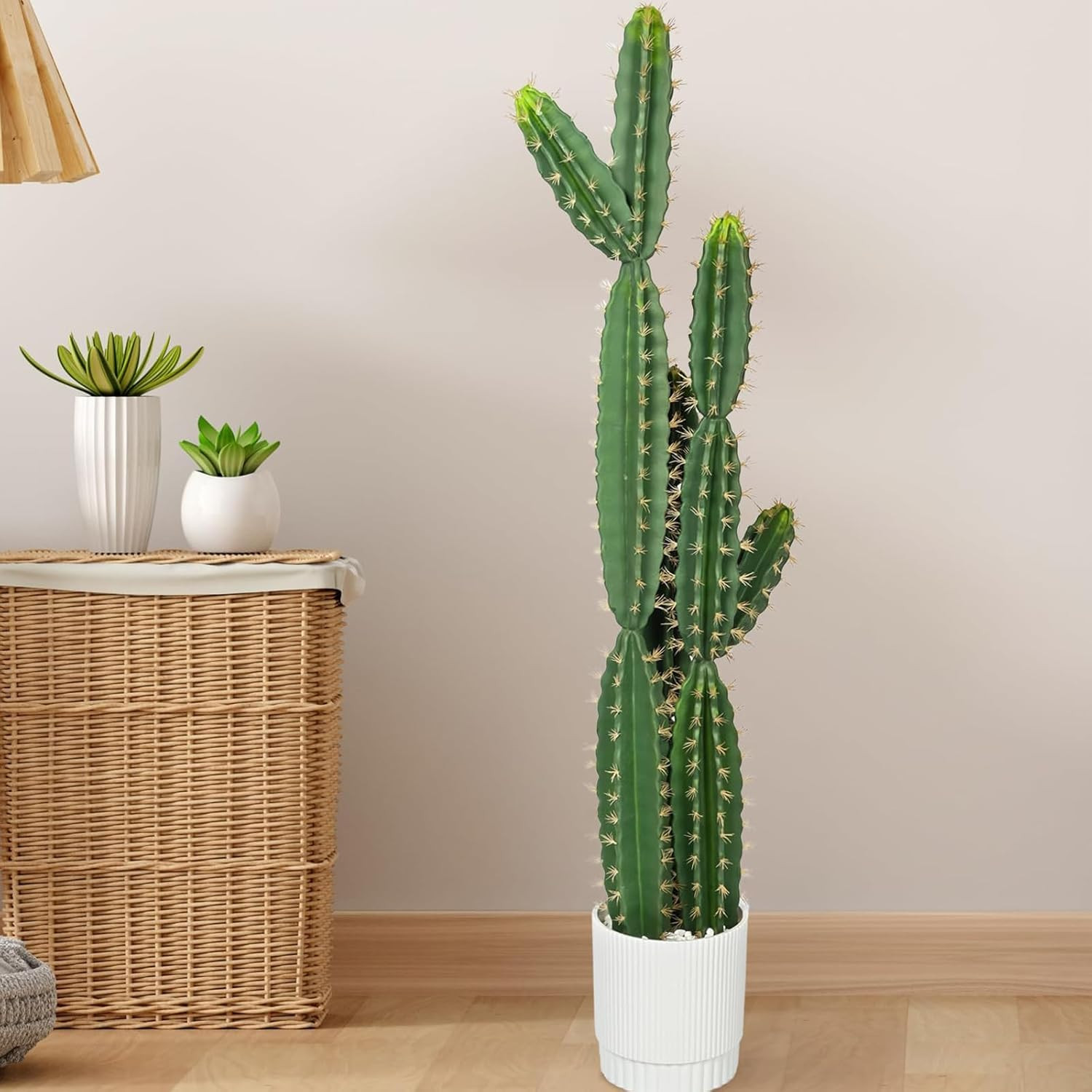 51″ Realistic Faux Cactus in White Pot – Low Maintenance Indoor/Outdoor Decor