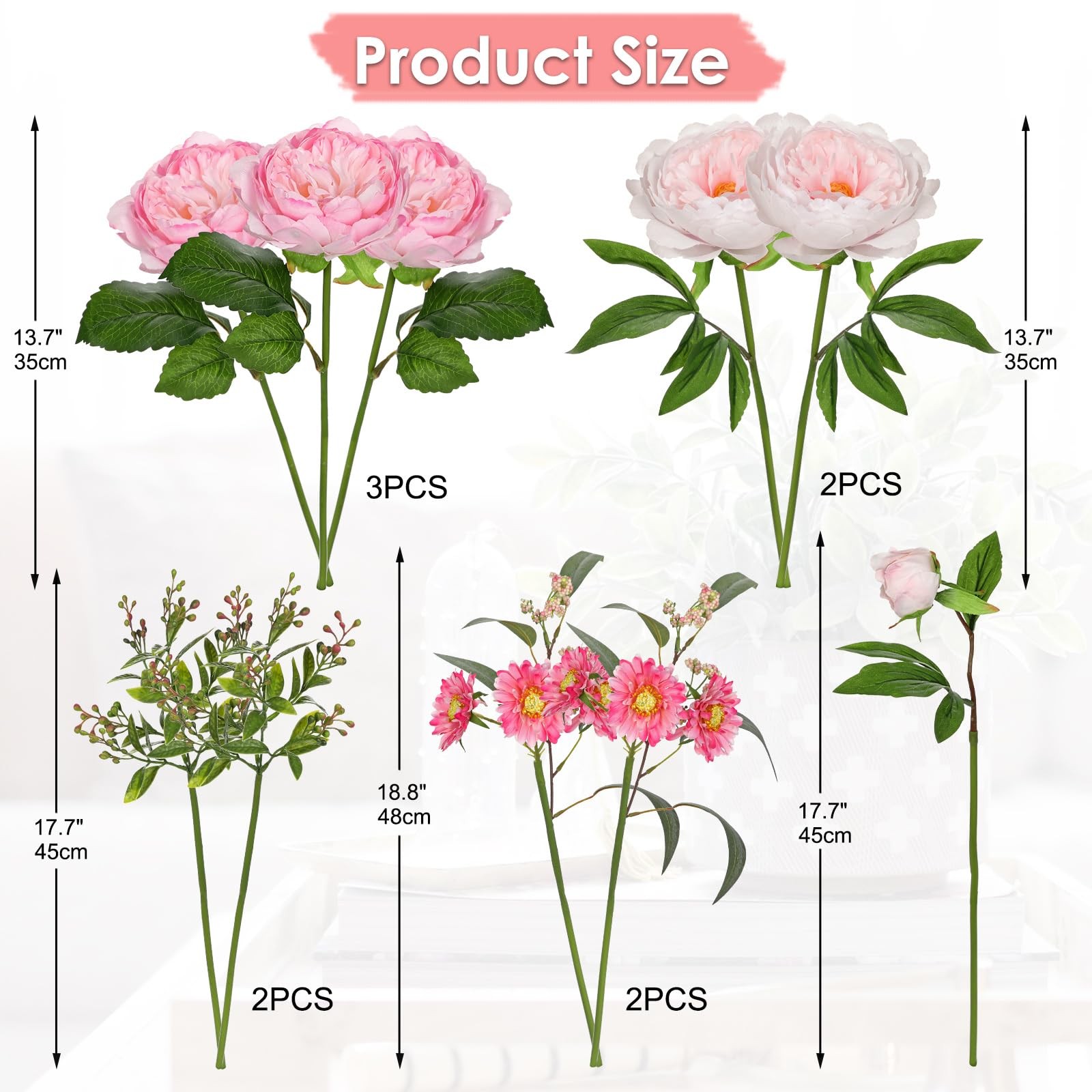 10 PCS 18.8 Inch Mixed Pink Artificial Peonies Daisy Silk Flowers Bouquet