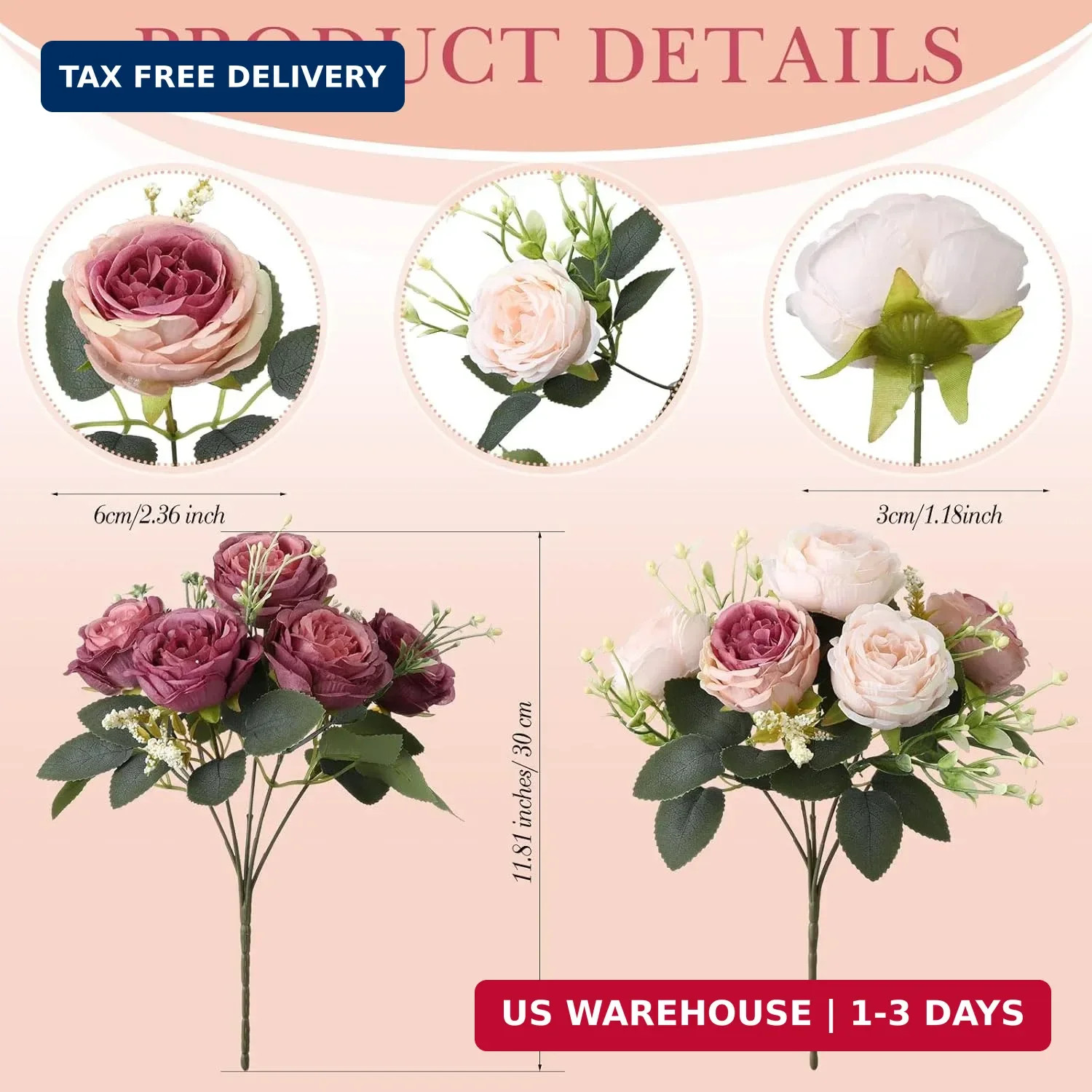 Geosar 8 Bundles Artificial Peonies Flowers Fake Silk Peony Bouquet Faux Peonies