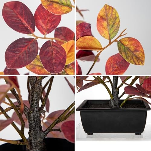 15.7″ Fake Fall Bonsai Plant in Black Pot, Artificial Autumn Eucalyptus Red