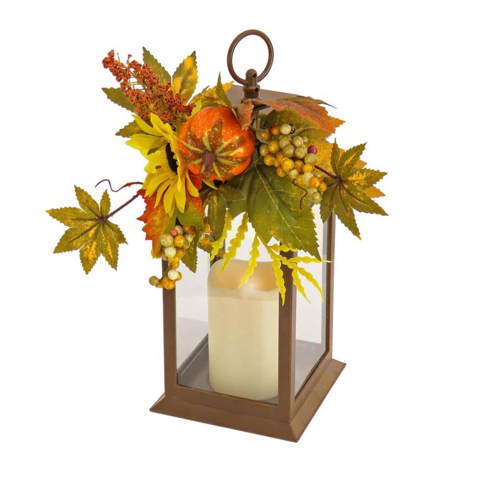 14″ Harvest Lantern with Sunflowers & Pumpkins – Lighted Fall Tabletop Decoratio