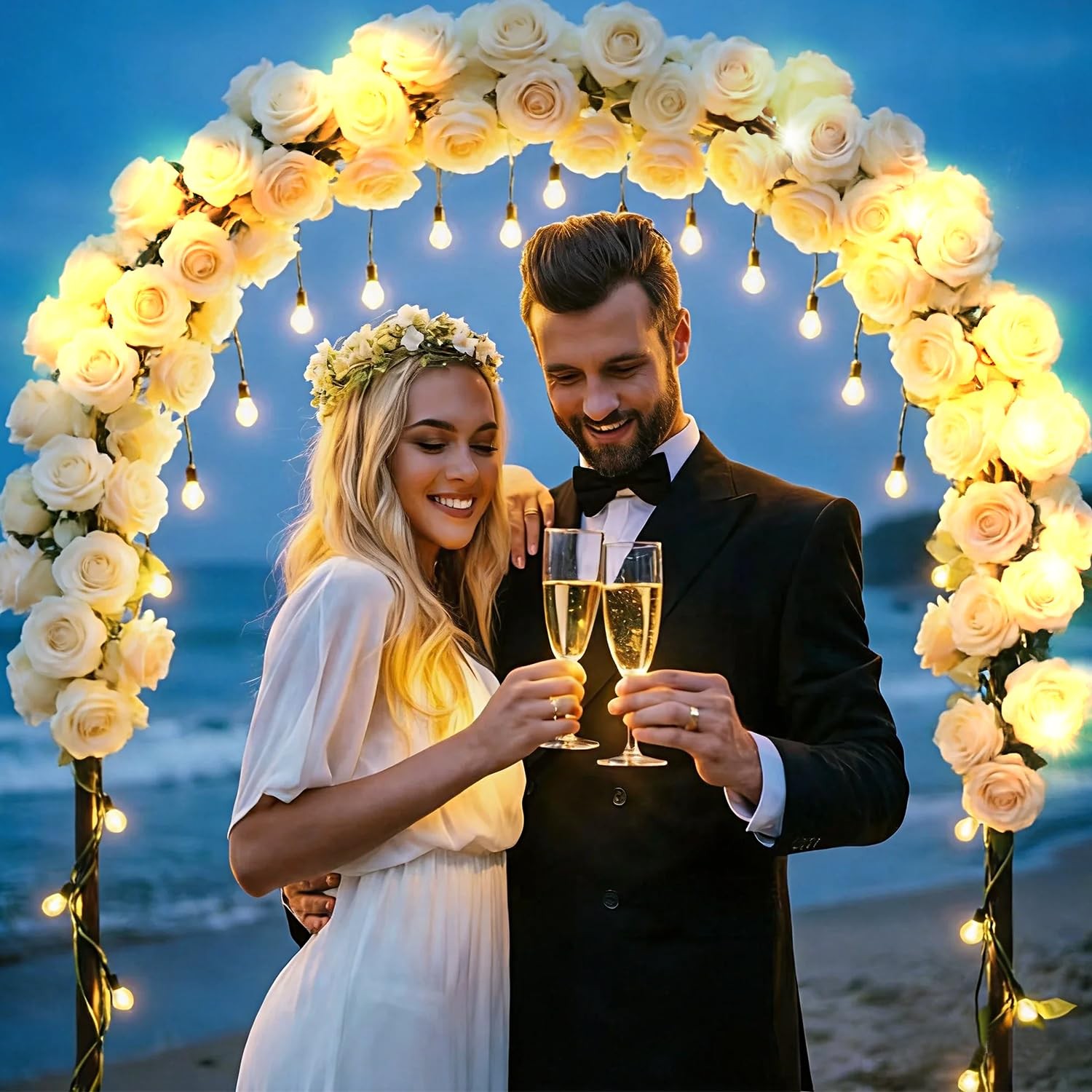 Flower Garland with Lights, 2 Packs 7FT White Floral Rose Flower Eucalyptus G…