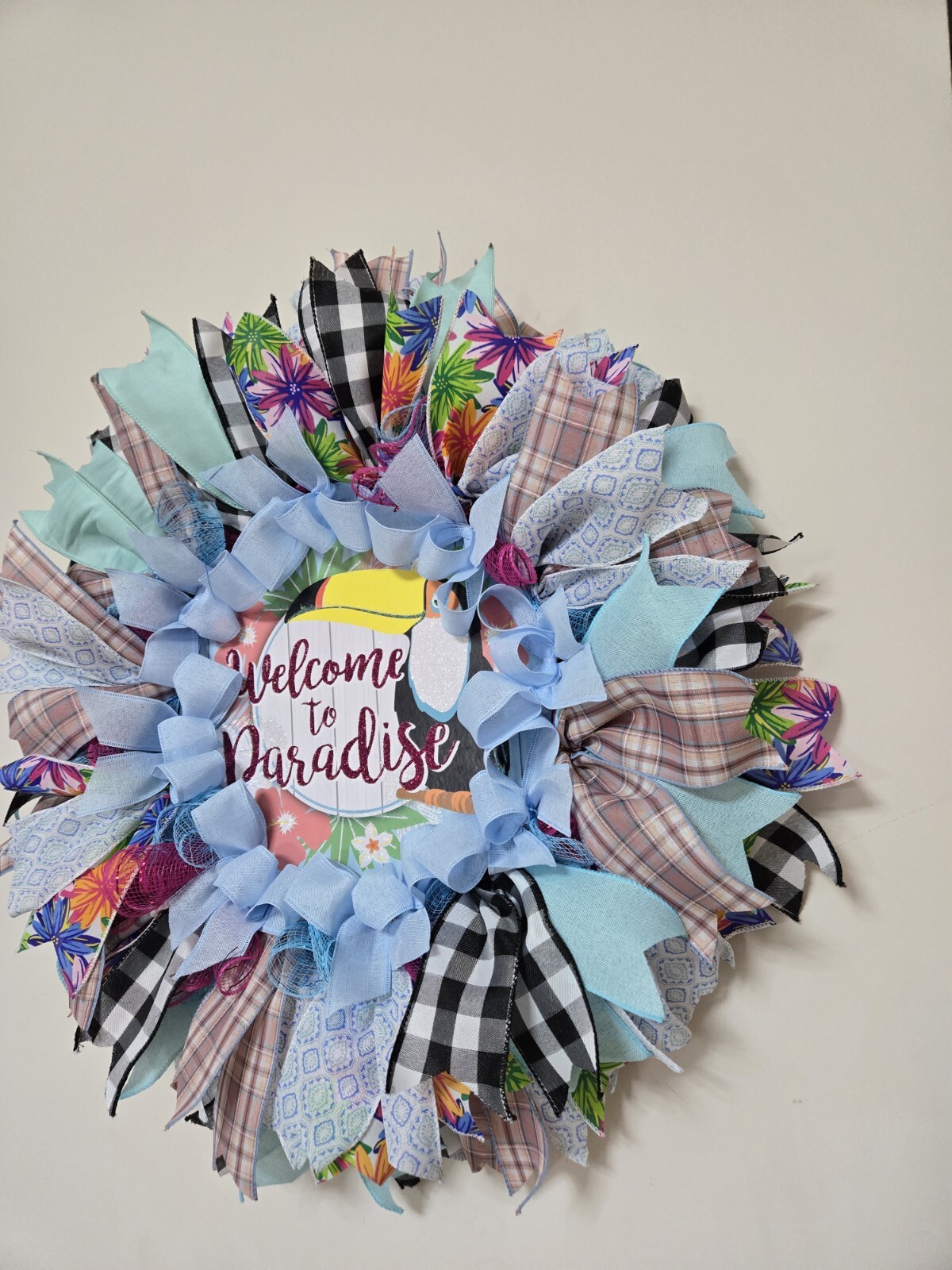 WELCOME TO PARADISE WREATH Spring SUMMER Fall Front Door Wall Decor BIG bird