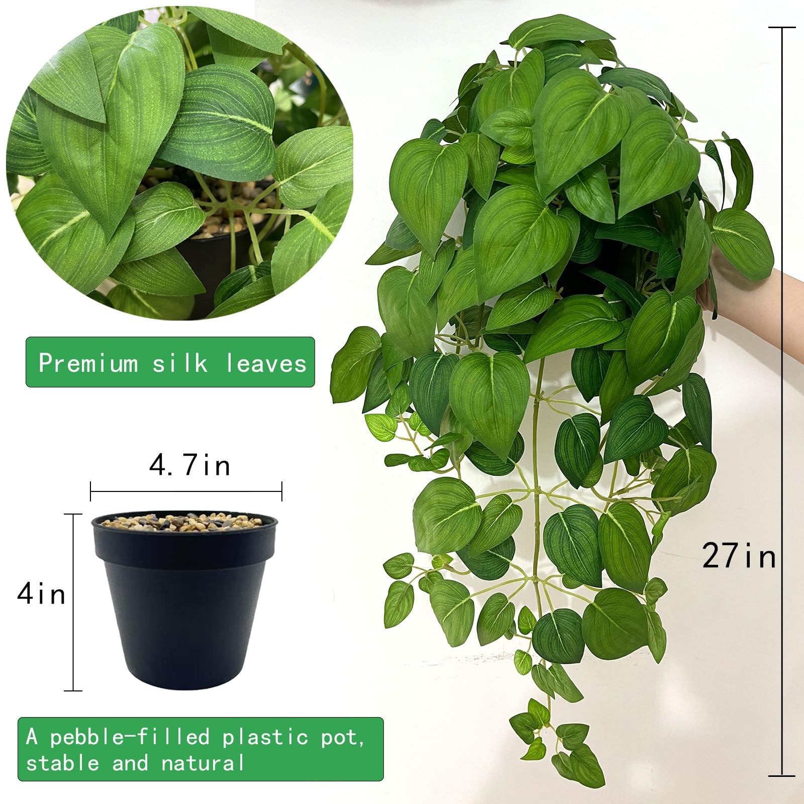Artificial Pothos Ivy Silk Plants, 2 Sets with Black Pots, 27 Inches Tall, Re…
