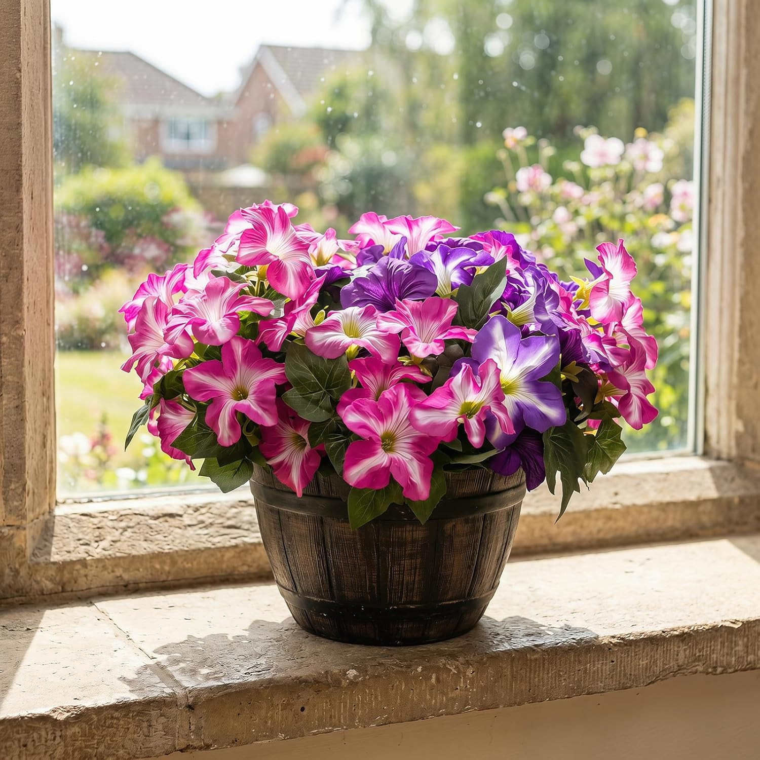 Artificial Fake Flowers Plants for Outdoor Decoration, 4PCS Faux Petunias Silk F