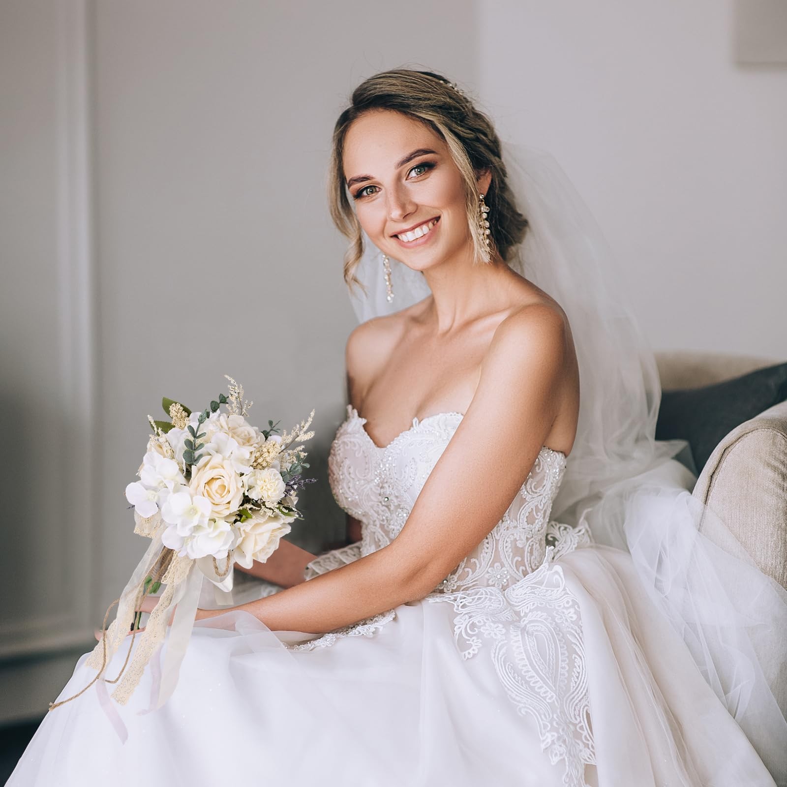 Wedding Bouquets for Bride Bridesmaid, White Champagne Artificial Roses Flowe…