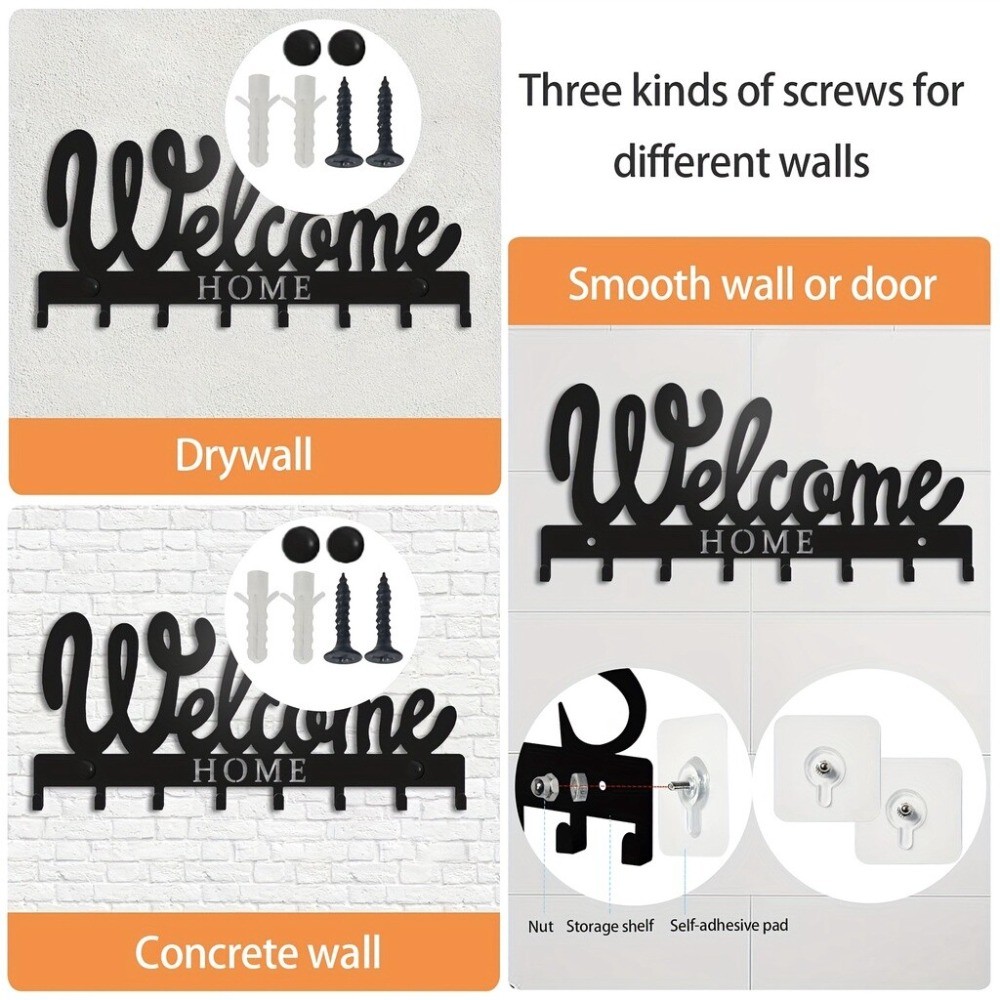 Stylish Black Metal Welcome Wall Mounted Key Holder Entryway Decor Gift