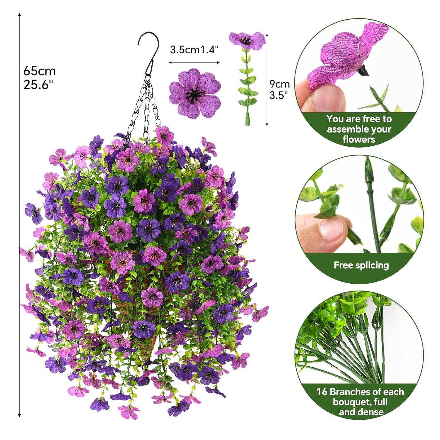 INQCMY Artificial Hanging Flowers with Basket for Spring Outdoor Decoration 3 Bu