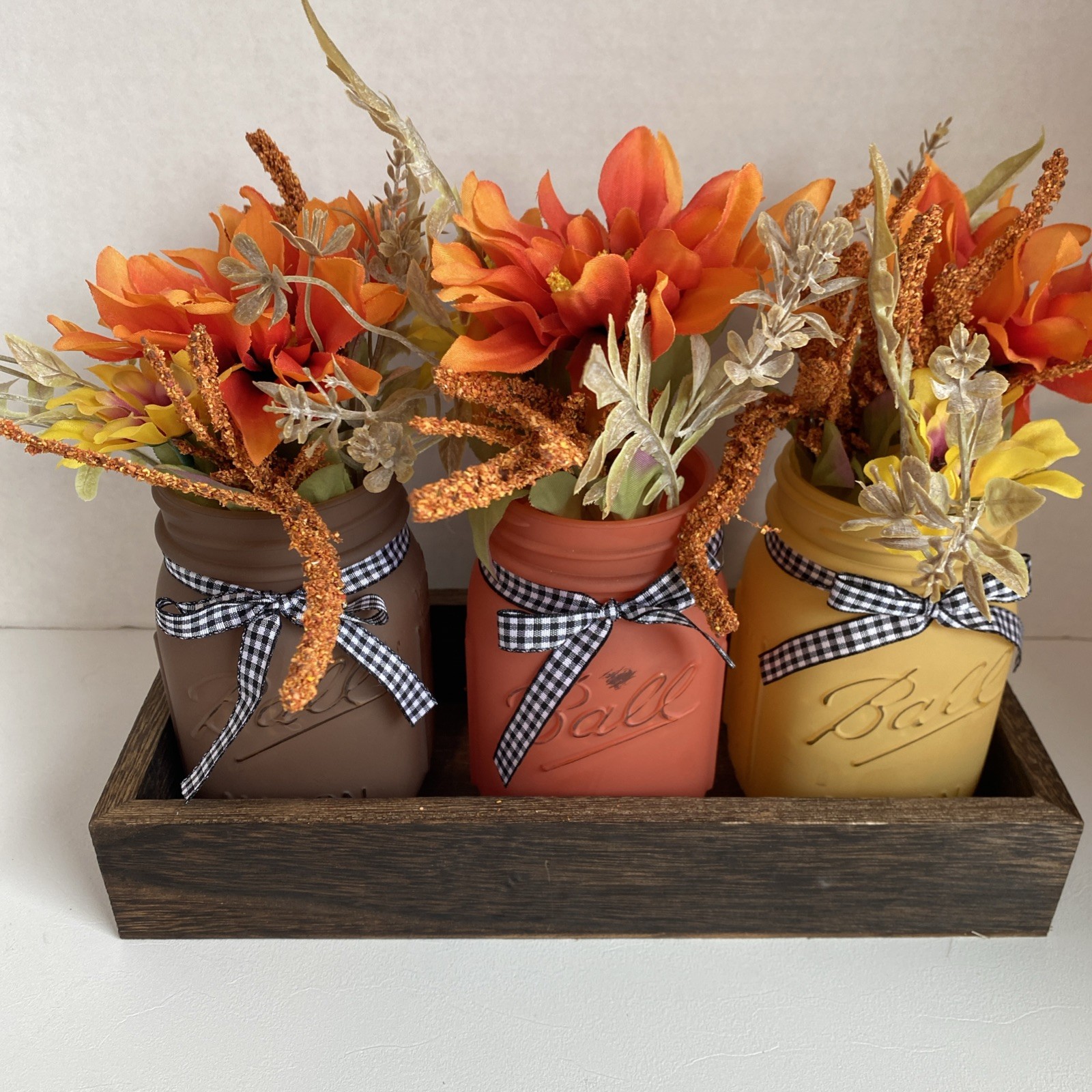 Painted Mason Jars Floral Decor In Tray Light Weight Fall Colors Checked Bows