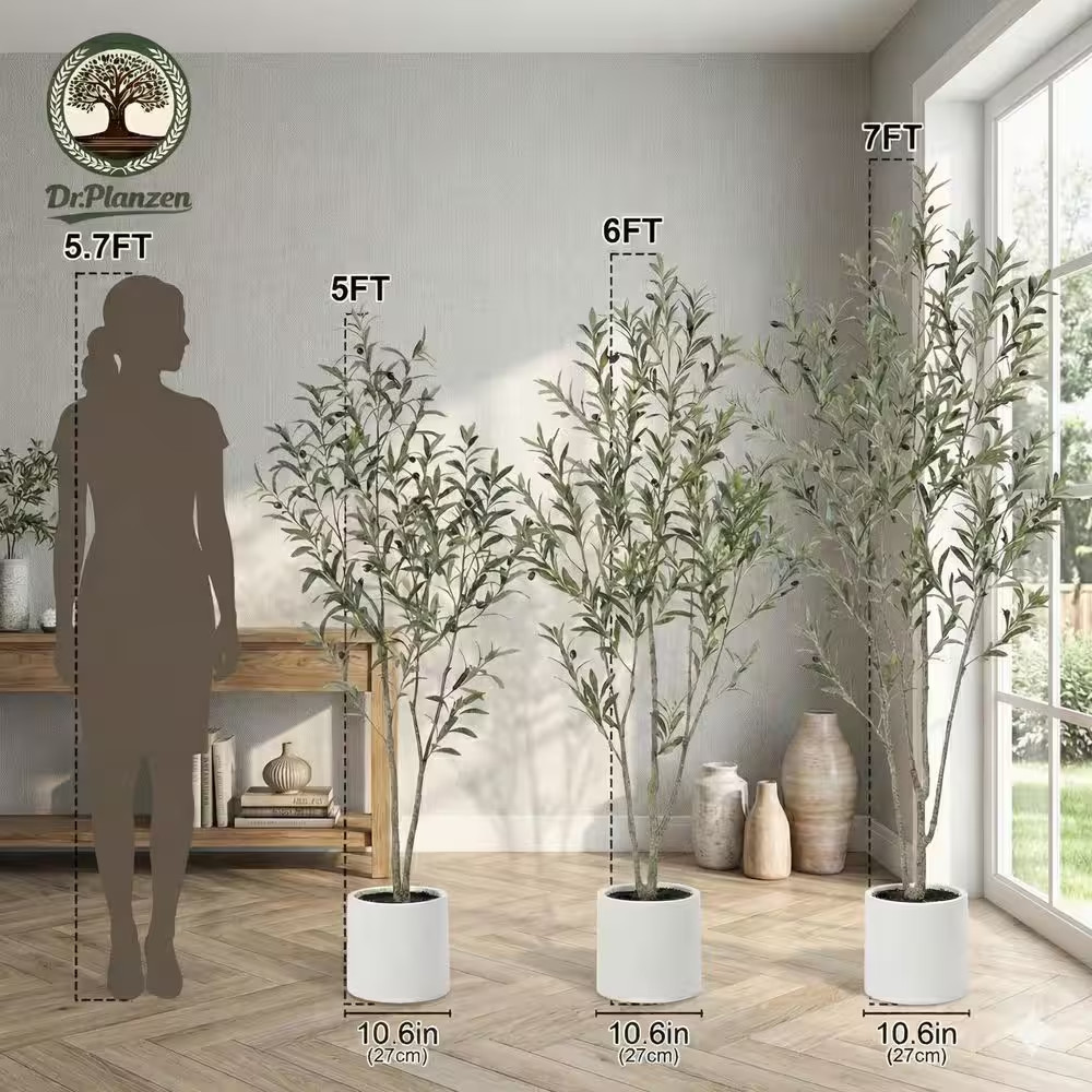 7 Ft. Artificial Olive Tree with White Planter, Large Faux Olive Silk Tree for I