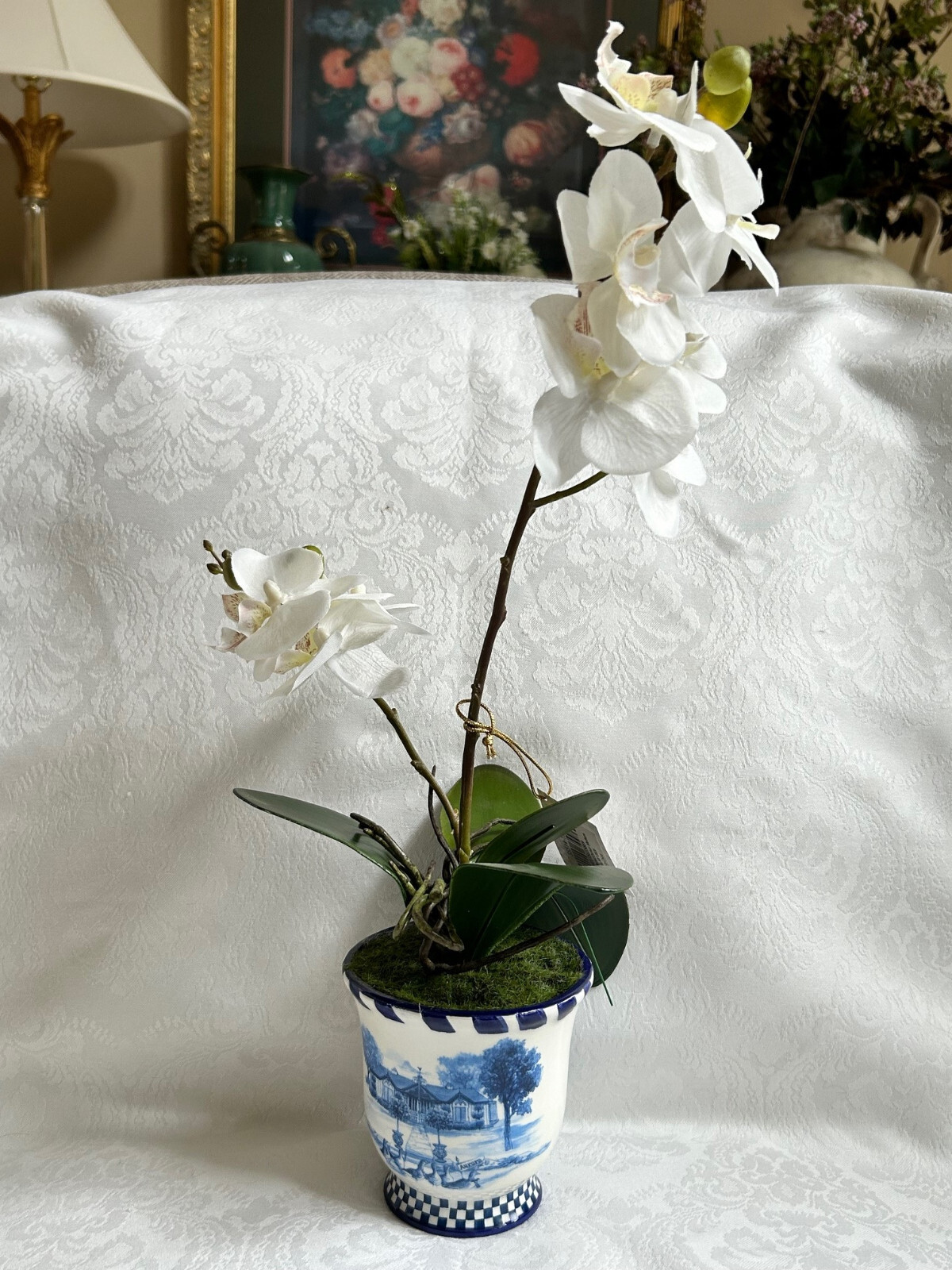Mackenzie Childs ROYAL TOILE Medium POTTED ORCHID Blue/White Ceramic 17″ T NEW