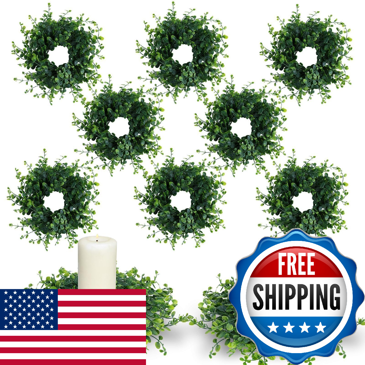 8 Pcs Mini Green Boxwood Candle Rings Wreaths Spring Summer Kitchen Cabinet Swag