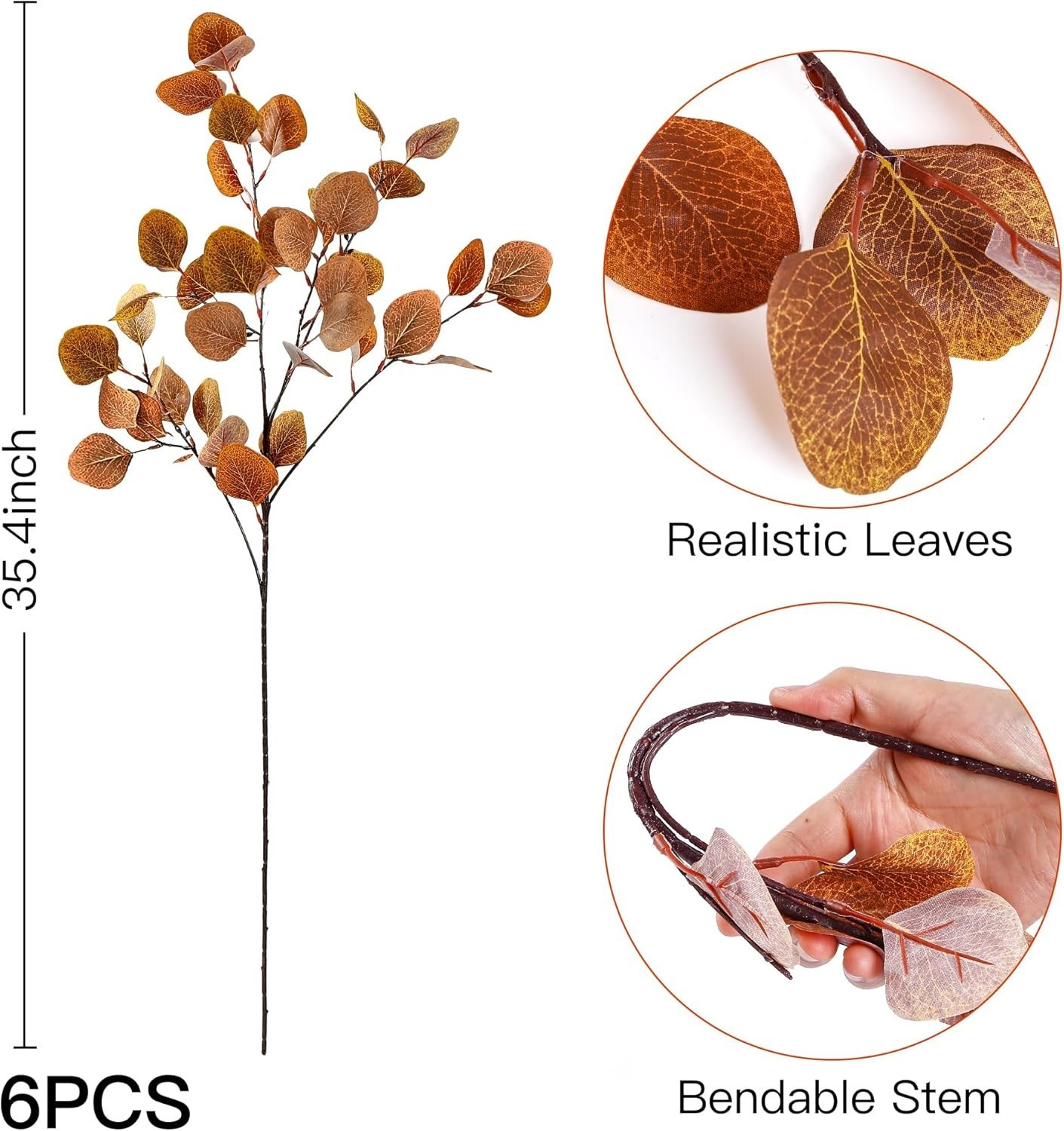 6 hojas de eucalipto otoñal artificiales, tallos largos de eucalipto plateado