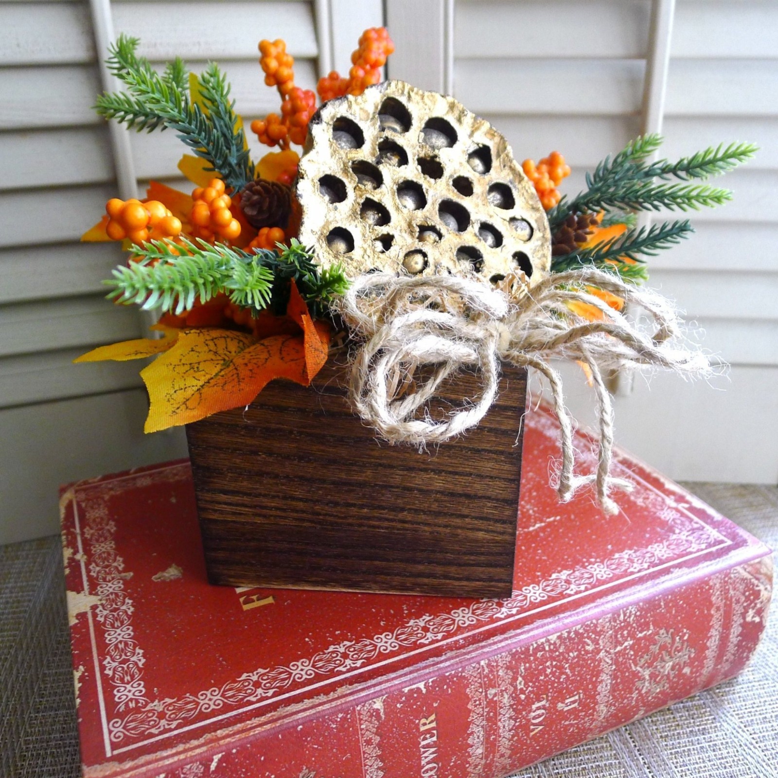 Petite Rustic Fall Floral Arrangement, Gold Lotus, Berries, Pine, Autumn Leaves