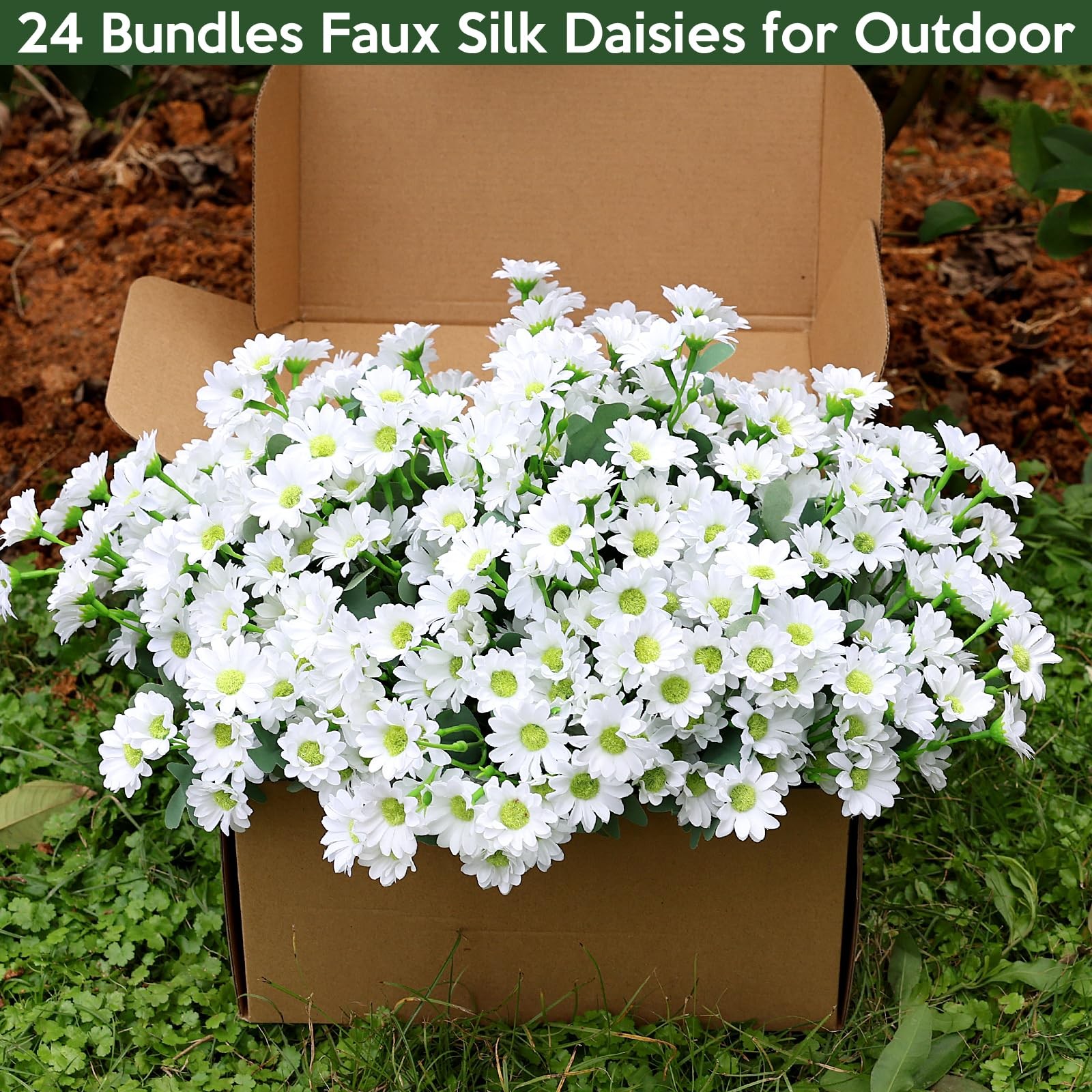 24 Bundles Artificial Daisy Flowers for Outdoor – Fake Mums Faux UV Resistant.