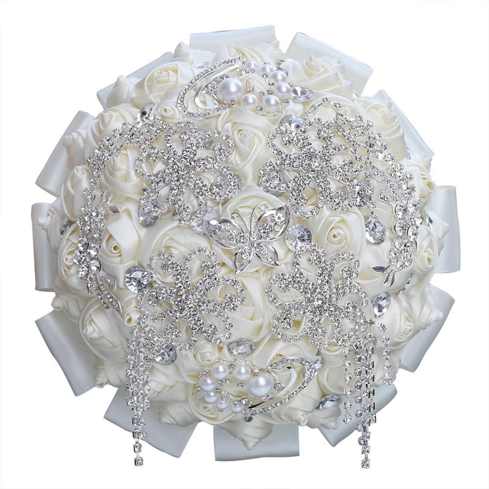 Ivory Wedding Bridal Bouquet Bling Rhinestones Brooch Satin Rose 7.1 Inch