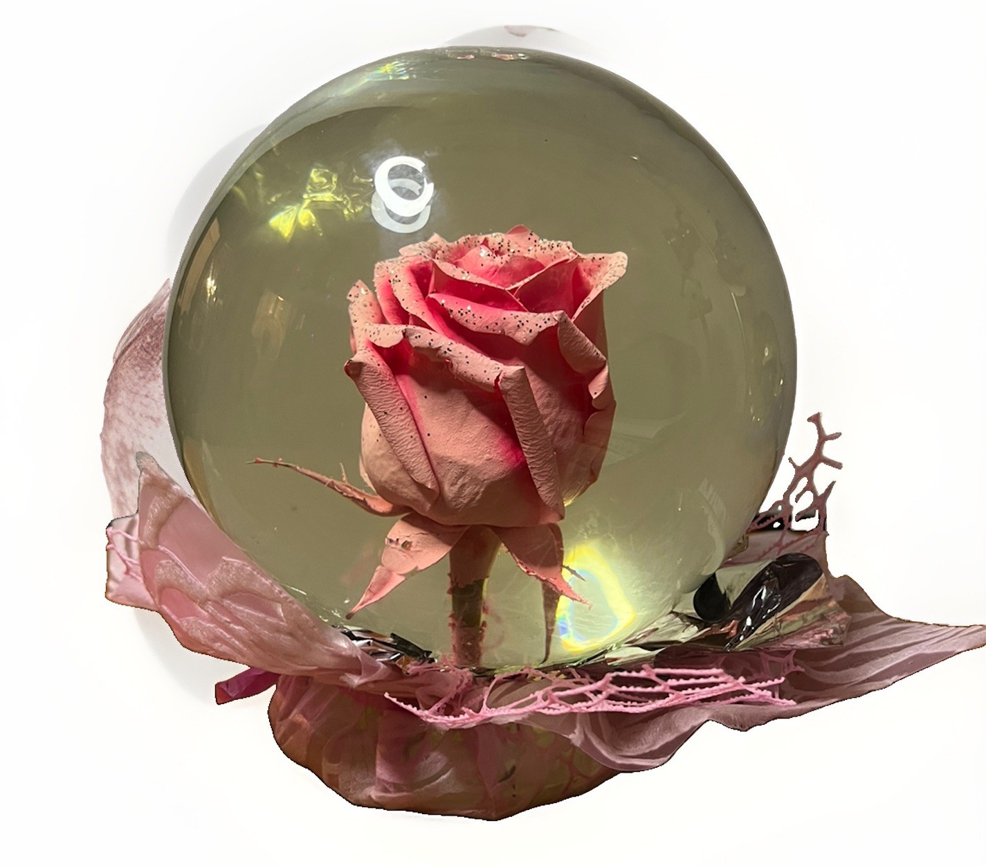 Forever ROSE/PINK In Glass Ball Water Dome Globe Large Real Rose 6”