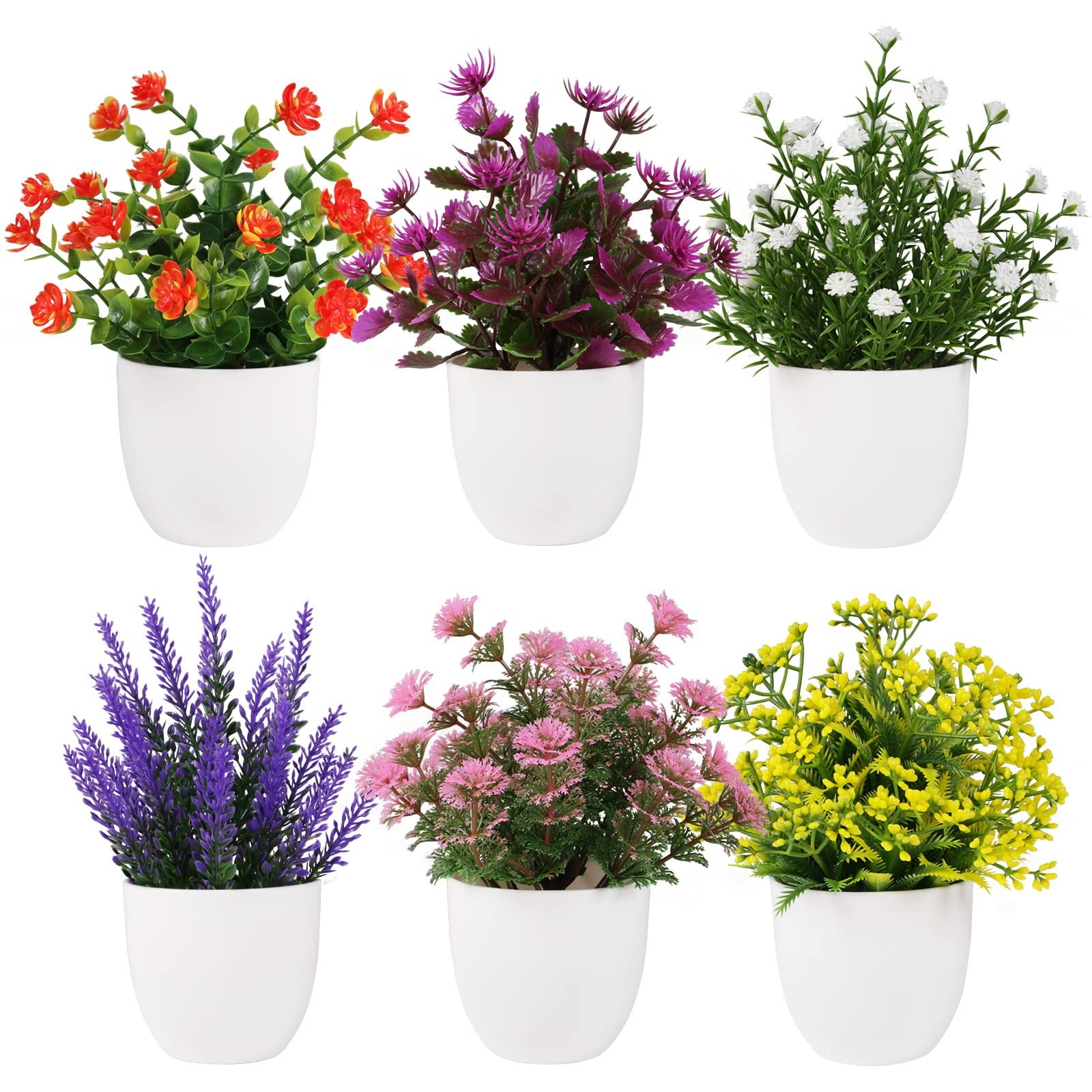 6 Pack Small Artificial Flower Potted Plants, Mini Faux Flowers in Pots