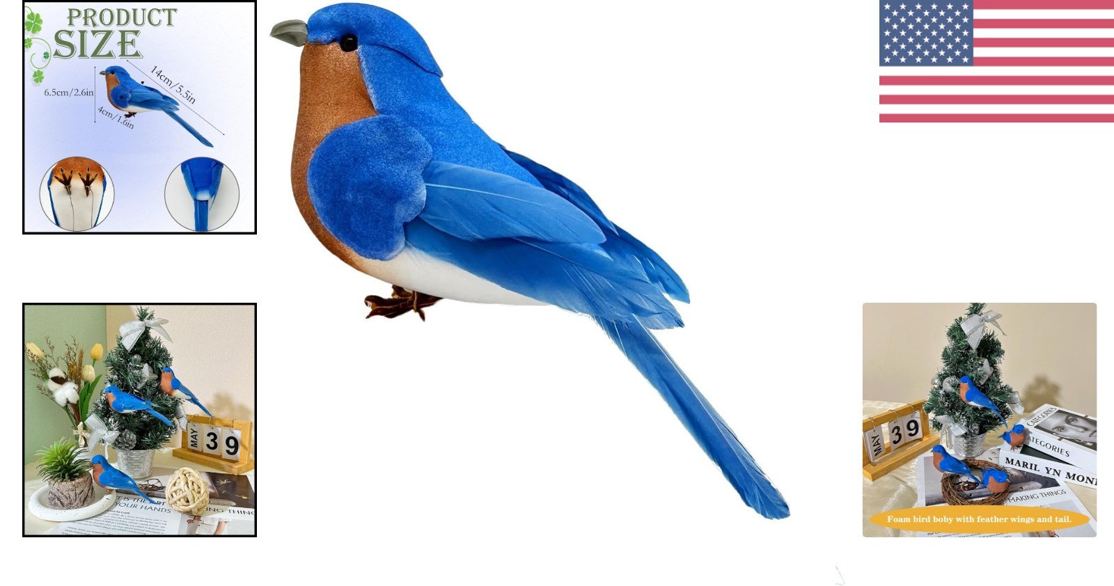 Realistic Feathered Blue Bird Model for Floral Arrangements & Crafts
