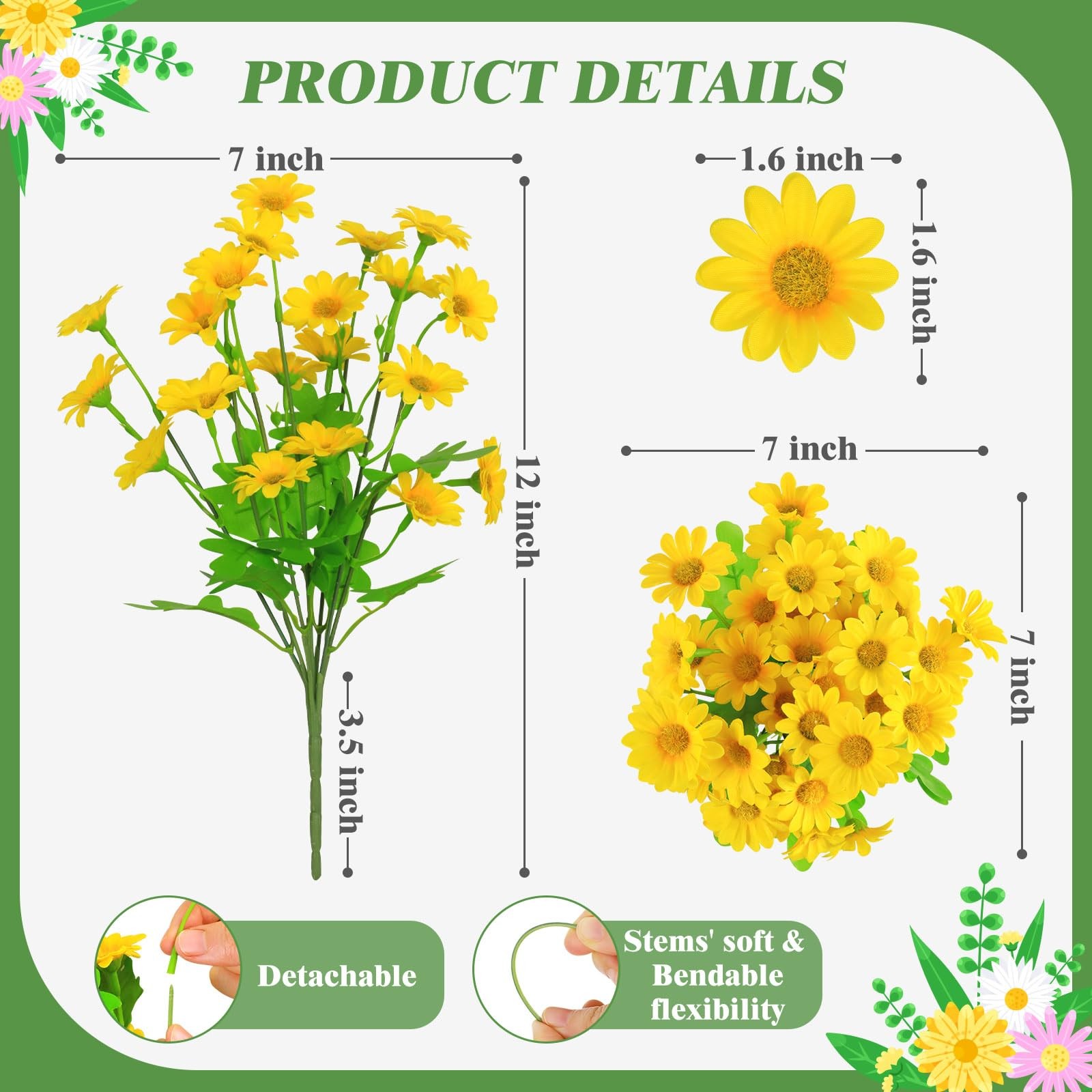Fake Flowers, 12 Bundles Yellow Daisy Flowers, Uv-Resistant Artificial Outdoo…
