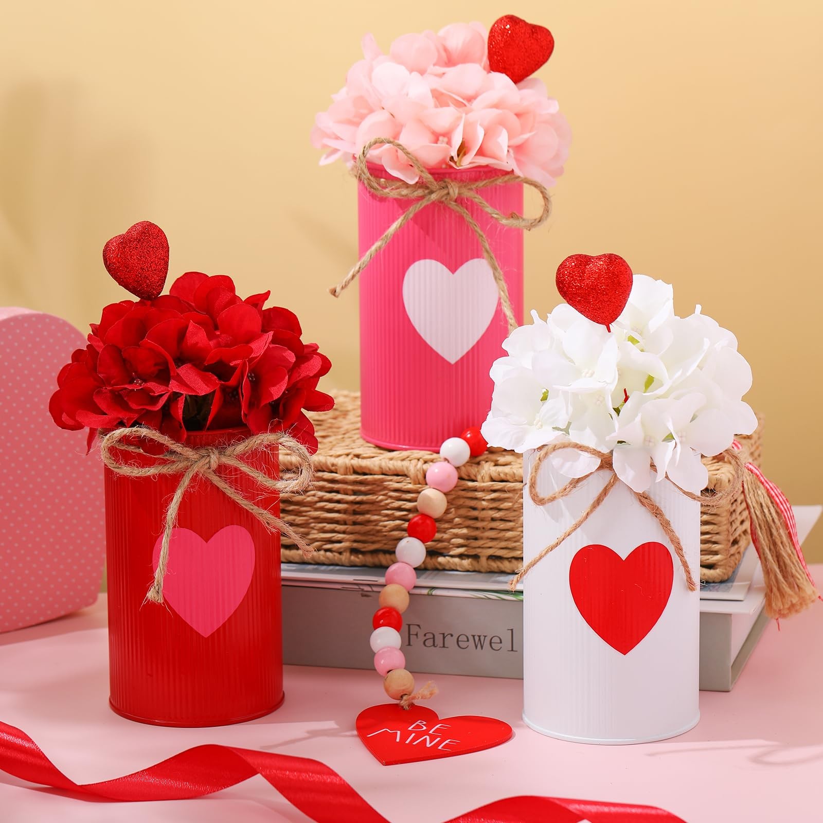 3 PCS Valentine’s Day Centerpiece Artificial Flower Red Heart Glitter Vases