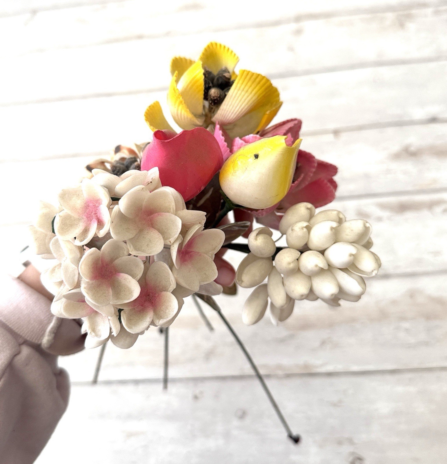 Sea Shell Flowers Hand Crafted Floral Arrangement Bundle Yellow Pink White 8 Ct